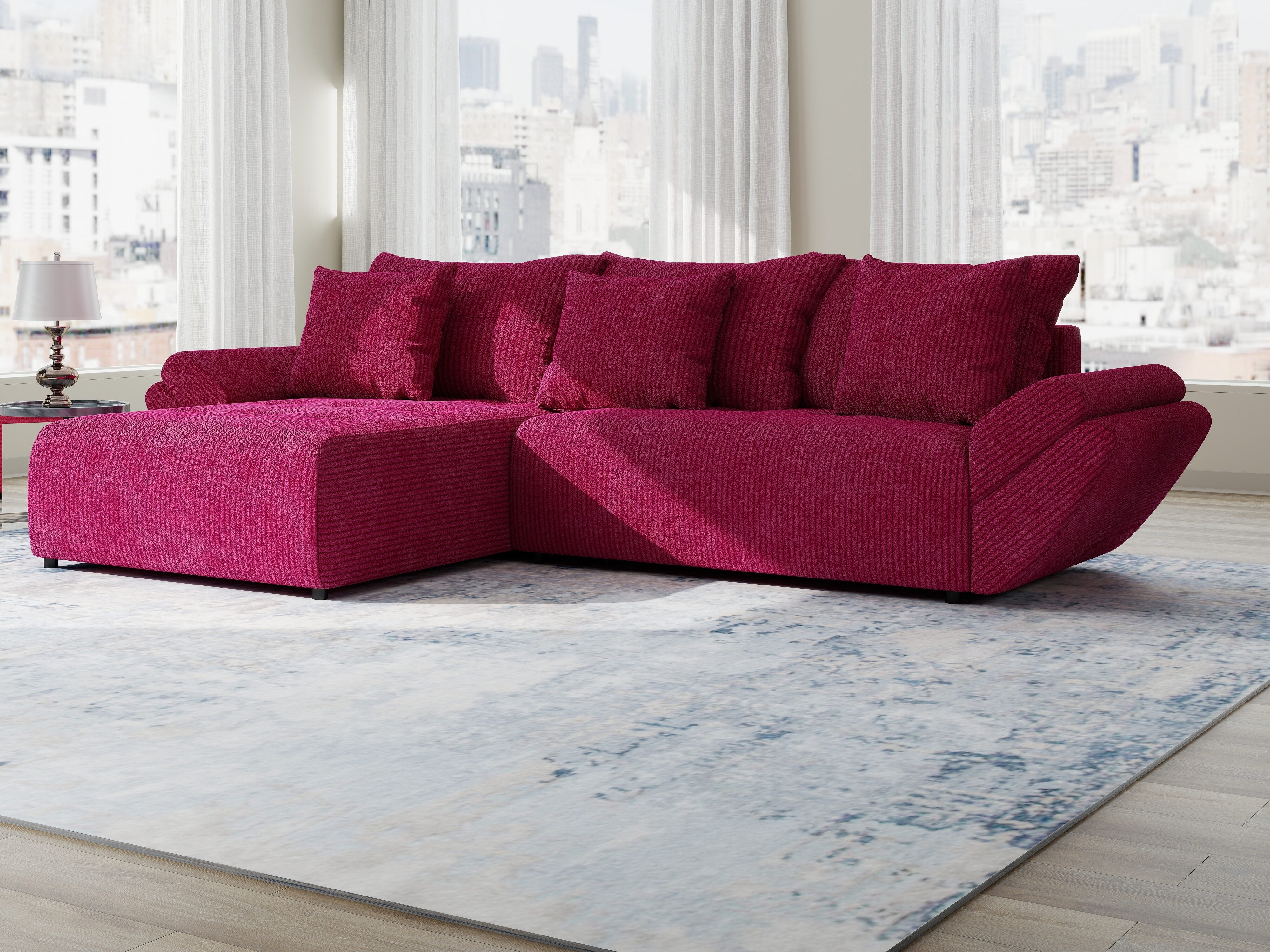 Colțar extensibil dumonde cu ladă de depozitare si sezut confortabil din spuma HR, Berlin Zoom Rosu 280x185 cm