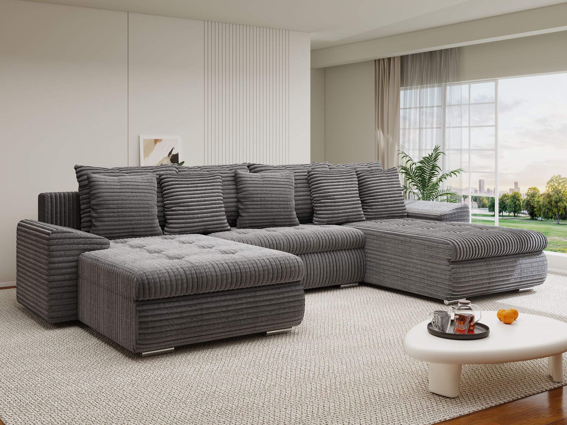 Colțar extensibil dumonde cu ladă de depozitare si sezut confortabil din spuma high-density, Leonardo U Tilia Gri 90 360x185 cm