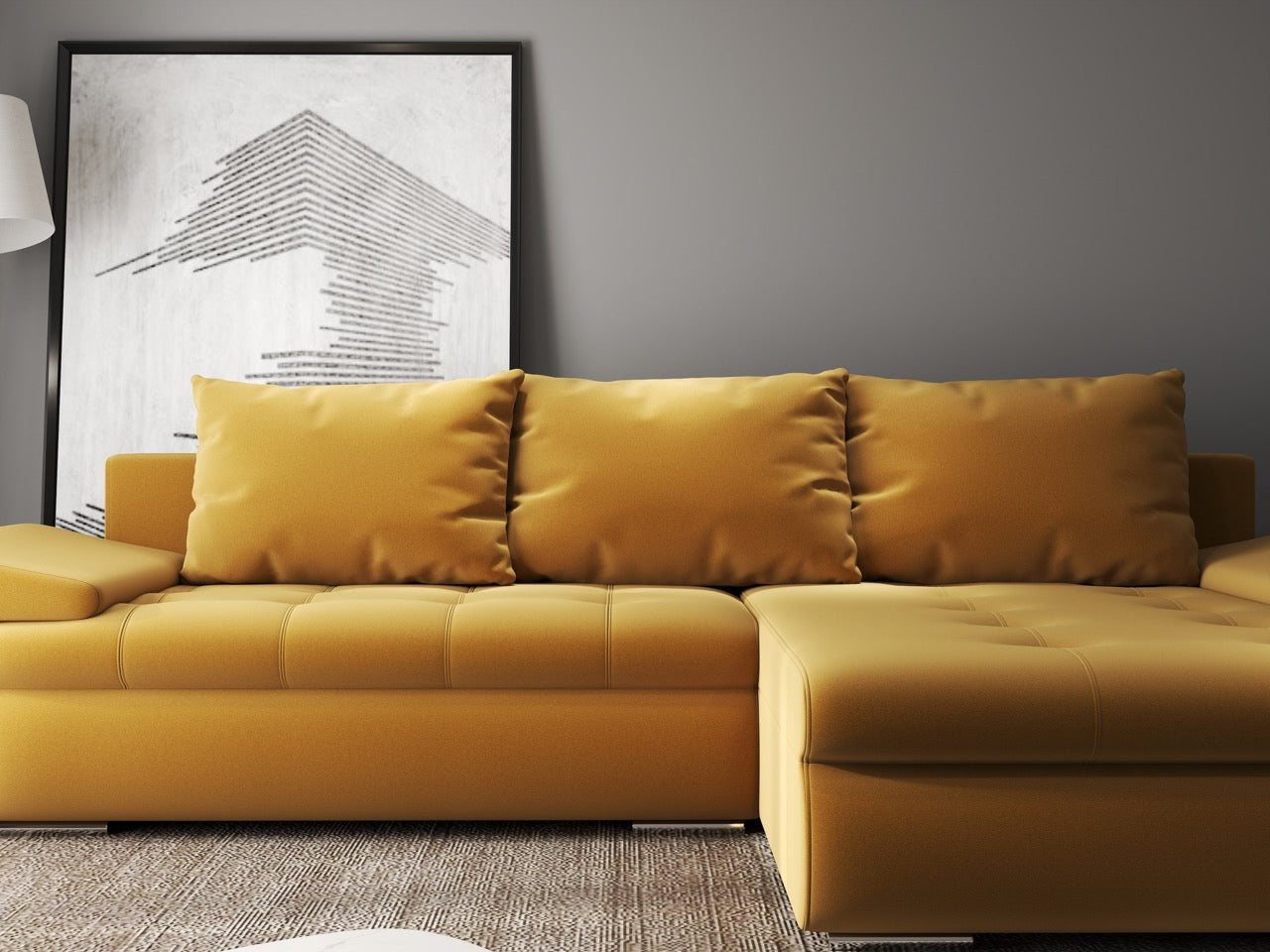 Colțar extensibil dumonde cu ladă de depozitare si sezut confortabil din spuma HR, Leonardo Royal Mustar 255x193 cm II Fabrica
