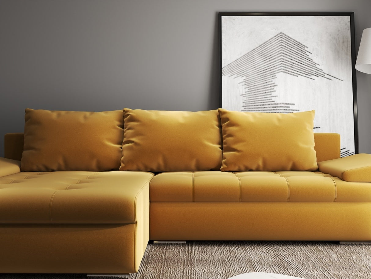 Colțar extensibil dumonde cu ladă de depozitare si sezut confortabil din spuma HR, Leonardo Royal Mustar 255x193 cm