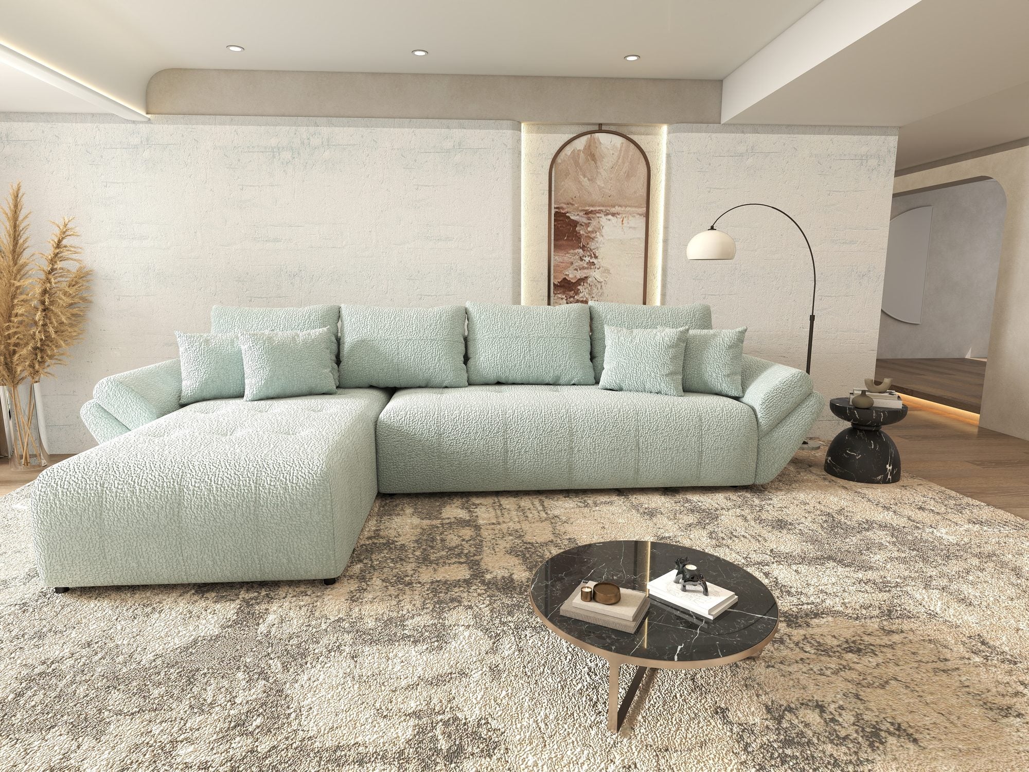Colțar extensibil dumonde cu ladă de depozitare si sezut confortabil din spuma high-density, Berlin XL Jaguar Verde Mint 16 350x185 cm