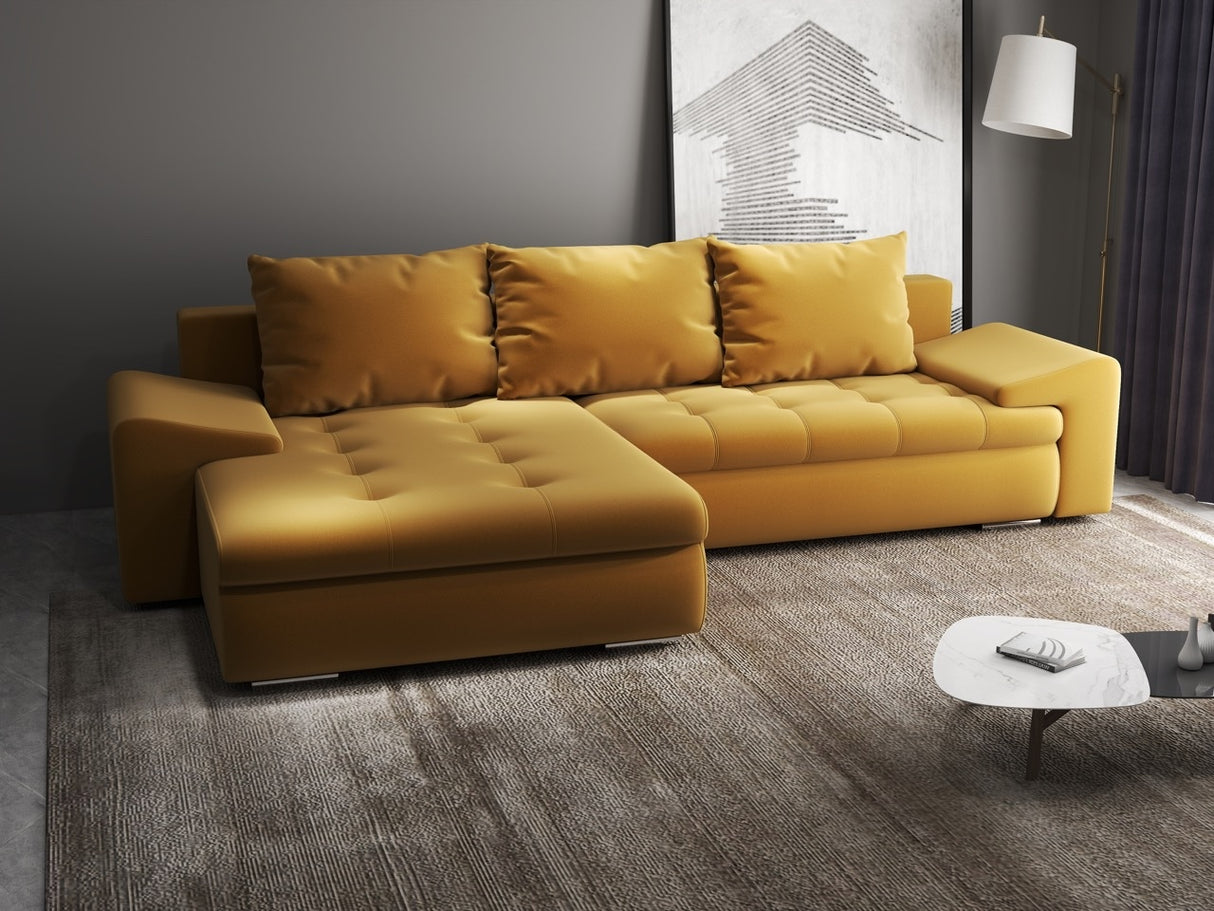 Colțar extensibil dumonde cu ladă de depozitare si sezut confortabil din spuma HR, Leonardo Royal Mustar 255x193 cm