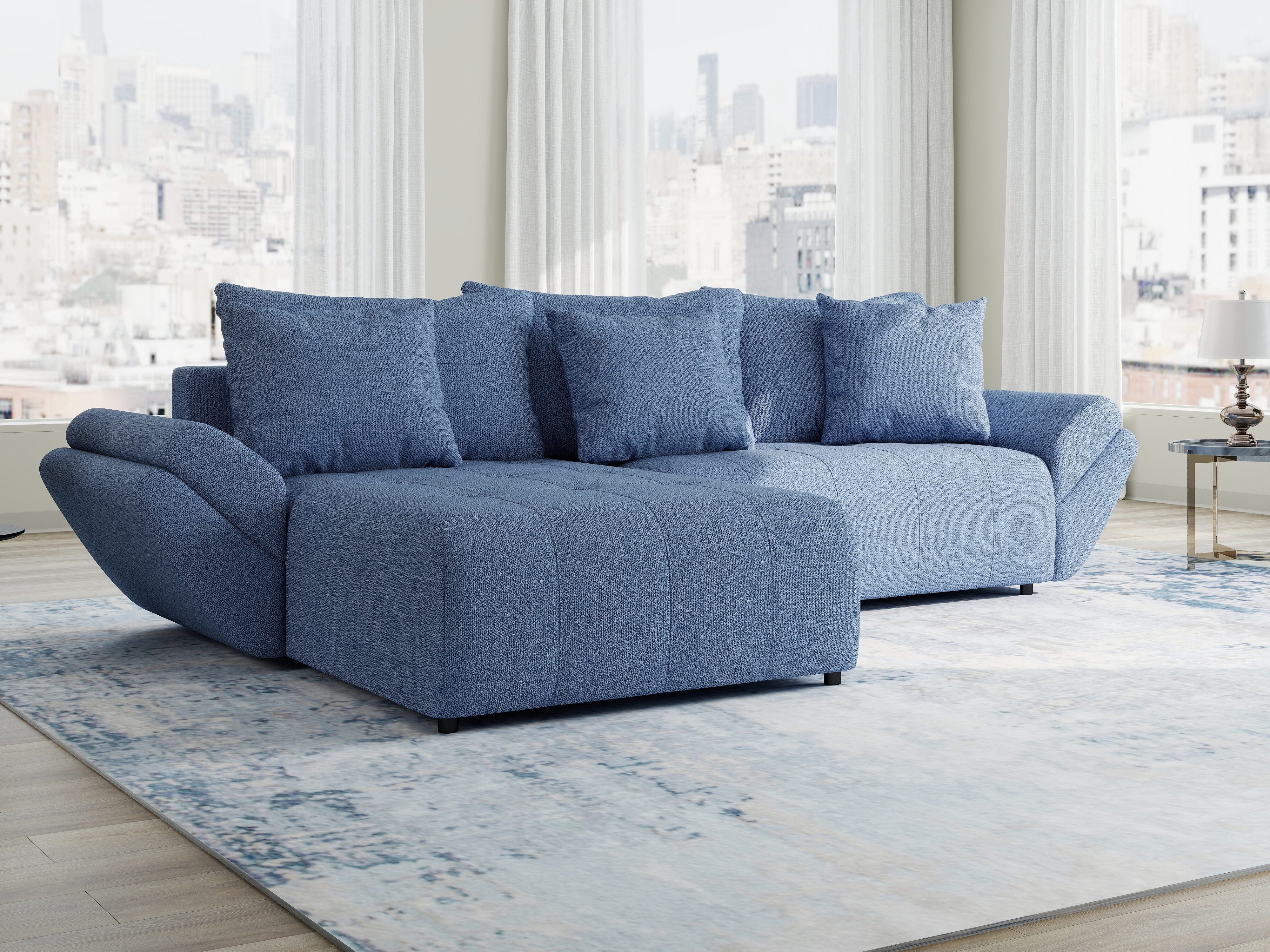 Colțar extensibil dumonde cu ladă de depozitare si sezut confortabil din spuma HR, Berlin Enjoy Albastru 280x185 cm