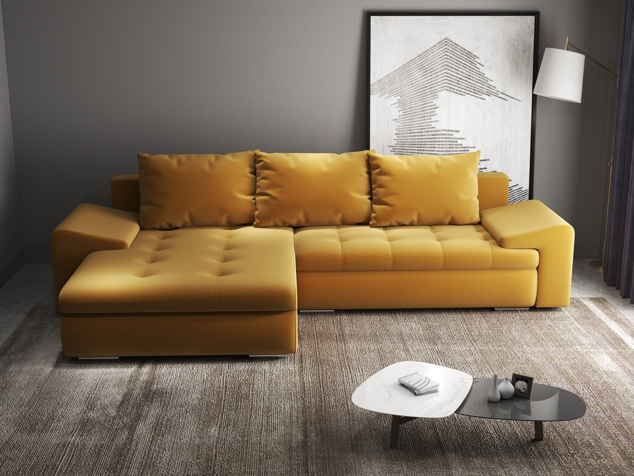 Colțar extensibil dumonde cu ladă de depozitare si sezut confortabil din spuma HR, Leonardo Royal Mustar 255x193 cm Fabrica