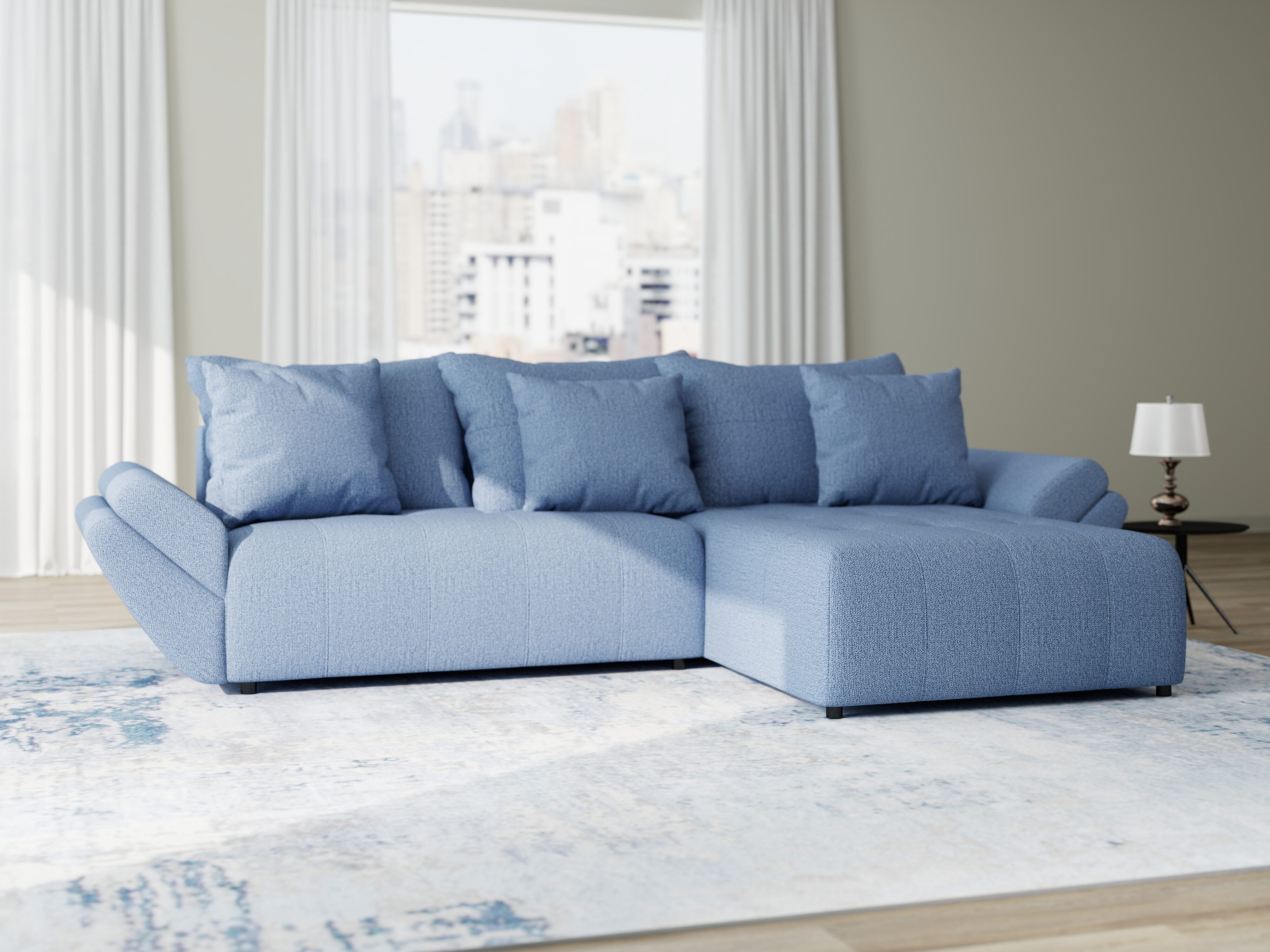 Colțar extensibil dumonde cu ladă de depozitare si sezut confortabil din spuma HR, Berlin Enjoy Albastru 280x185 cm II