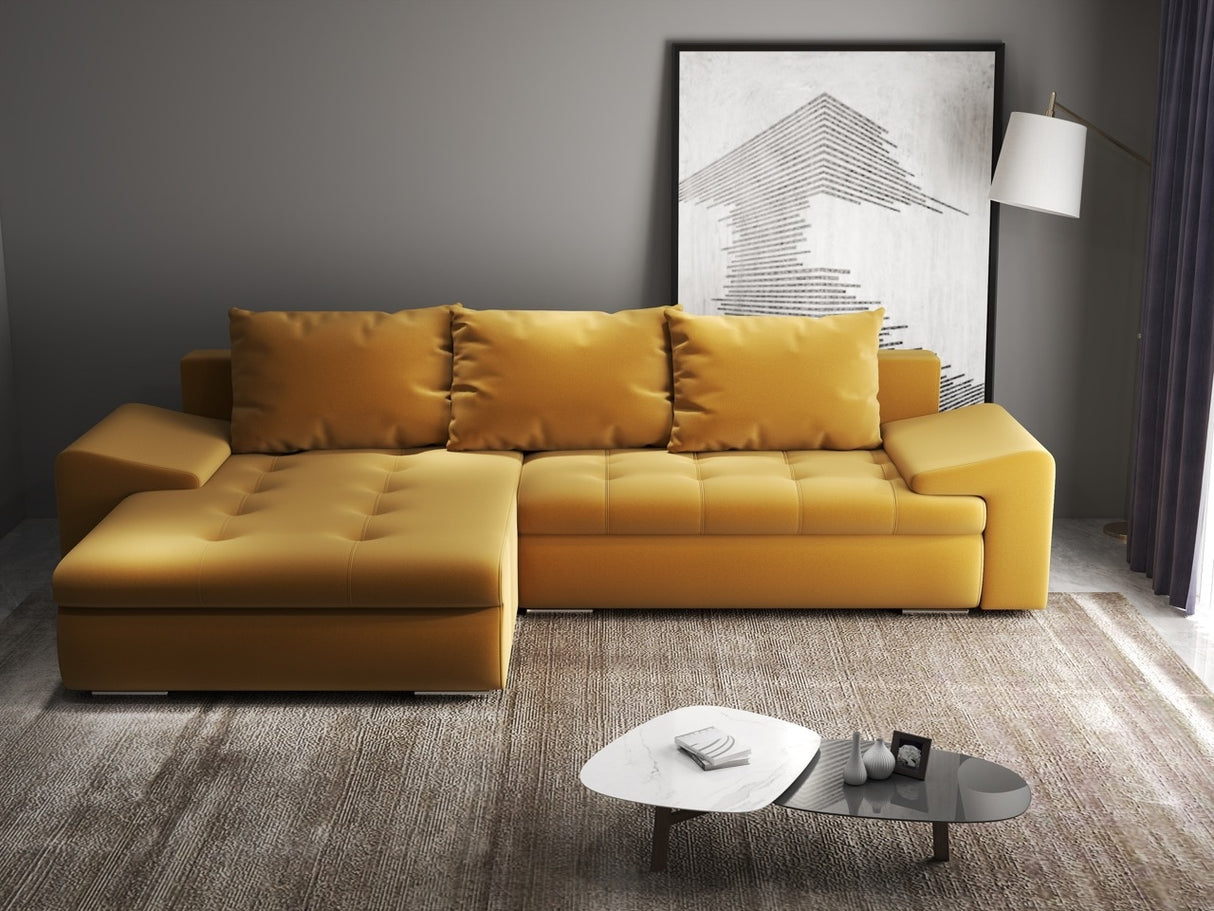 Colțar extensibil dumonde cu ladă de depozitare si sezut confortabil din spuma HR, Leonardo Royal Mustar 255x193 cm