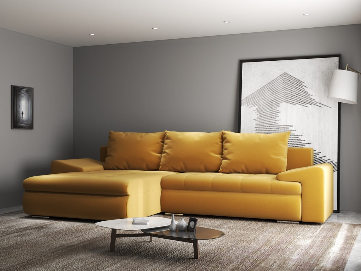 Colțar extensibil dumonde cu ladă de depozitare si sezut confortabil din spuma HR, Leonardo Royal Mustar 255x193 cm