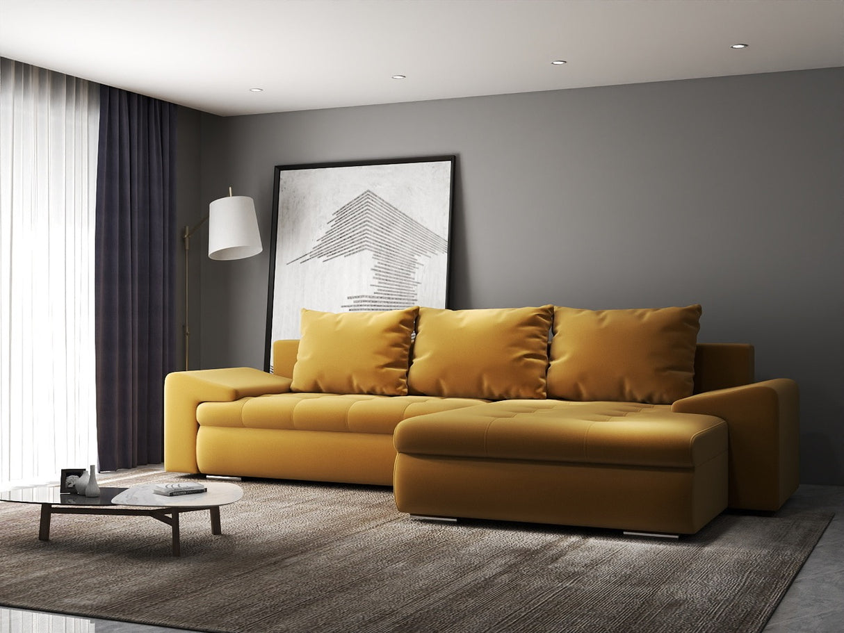 Colțar extensibil dumonde cu ladă de depozitare si sezut confortabil din spuma HR, Leonardo Royal Mustar 255x193 cm II