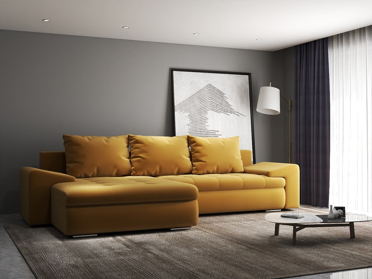 Colțar extensibil dumonde cu ladă de depozitare si sezut confortabil din spuma HR, Leonardo Royal Mustar 255x193 cm