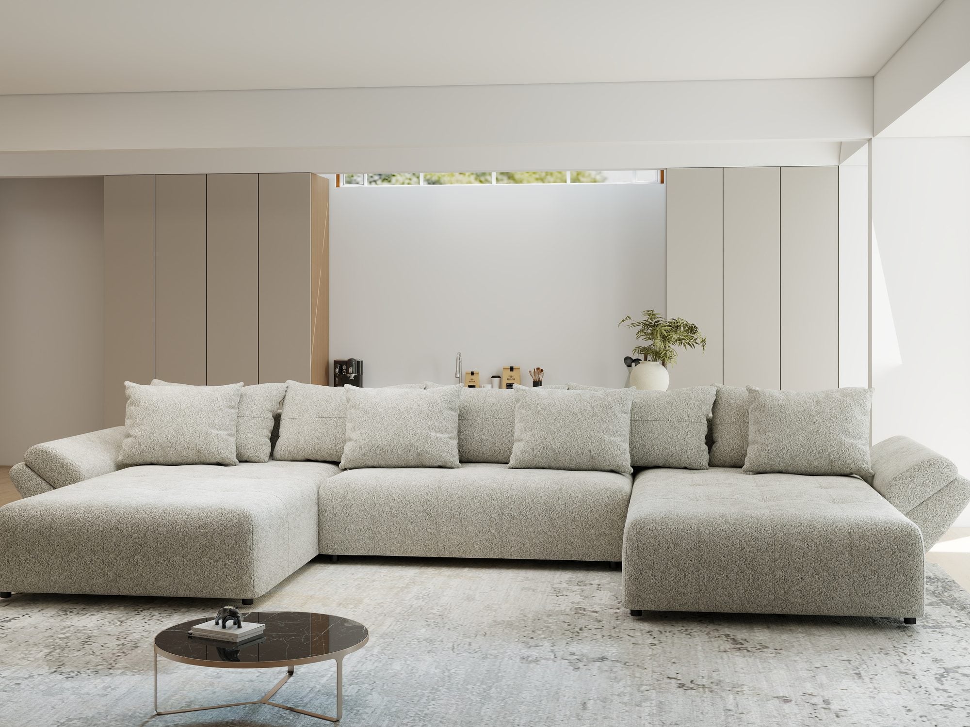 Colțar extensibil dumonde cu ladă de depozitare si sezut confortabil din spuma high-density, Berlin U Arena Bej 2 380x180 cm