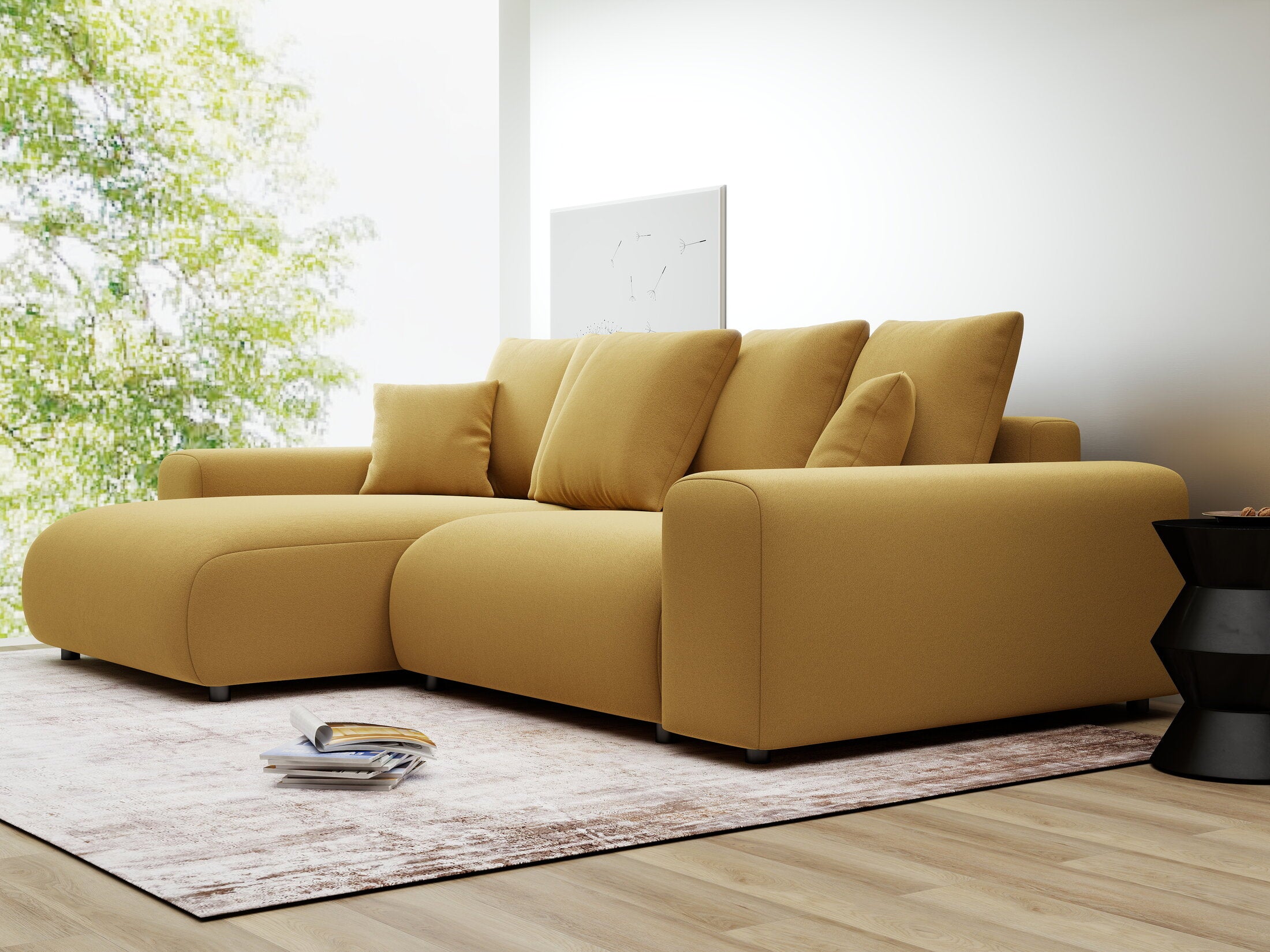 Colțar extensibil dumonde cu ladă de depozitare și șezut confortabil din spumă HR, Luma Royal Mustar 255x168 cm