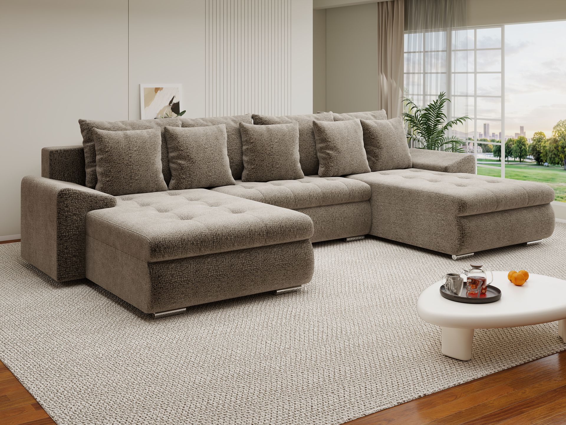 Colțar extensibil dumonde cu ladă de depozitare si sezut confortabil din spuma high-density, Leonardo U Jaguar Maro Cappuccino 08 360x185 cm