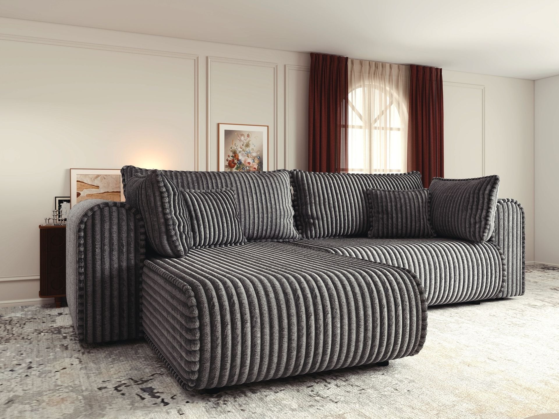 Colțar extensibil dumonde cu ladă de depozitare si sezut confortabil din spuma high-density, Monaco L Tilia Grafit 270x100 cm