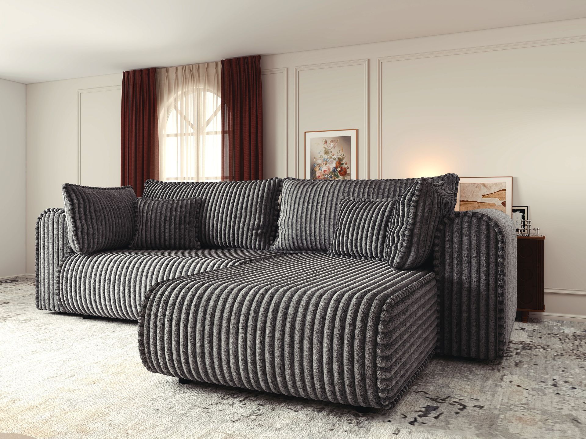 Colțar extensibil dumonde cu ladă de depozitare si sezut confortabil din spuma high-density, Monaco L Tilia Grafit II 270x100 cm