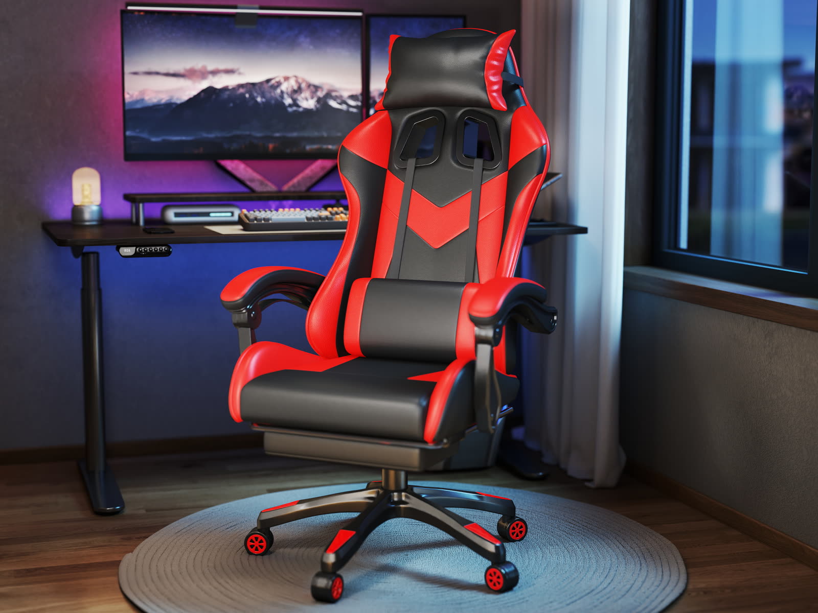 Scaun gaming Dumonde EXODUS, mecanism multifuncțional, ecopiele, suport picioare, rosu/negru