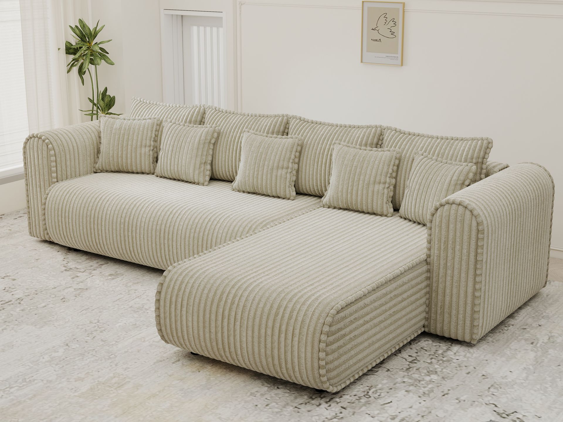 Colțar extensibil dumonde cu ladă de depozitare si sezut confortabil din spuma high-density, Monaco XL Tilia Bej II 340x185 cm