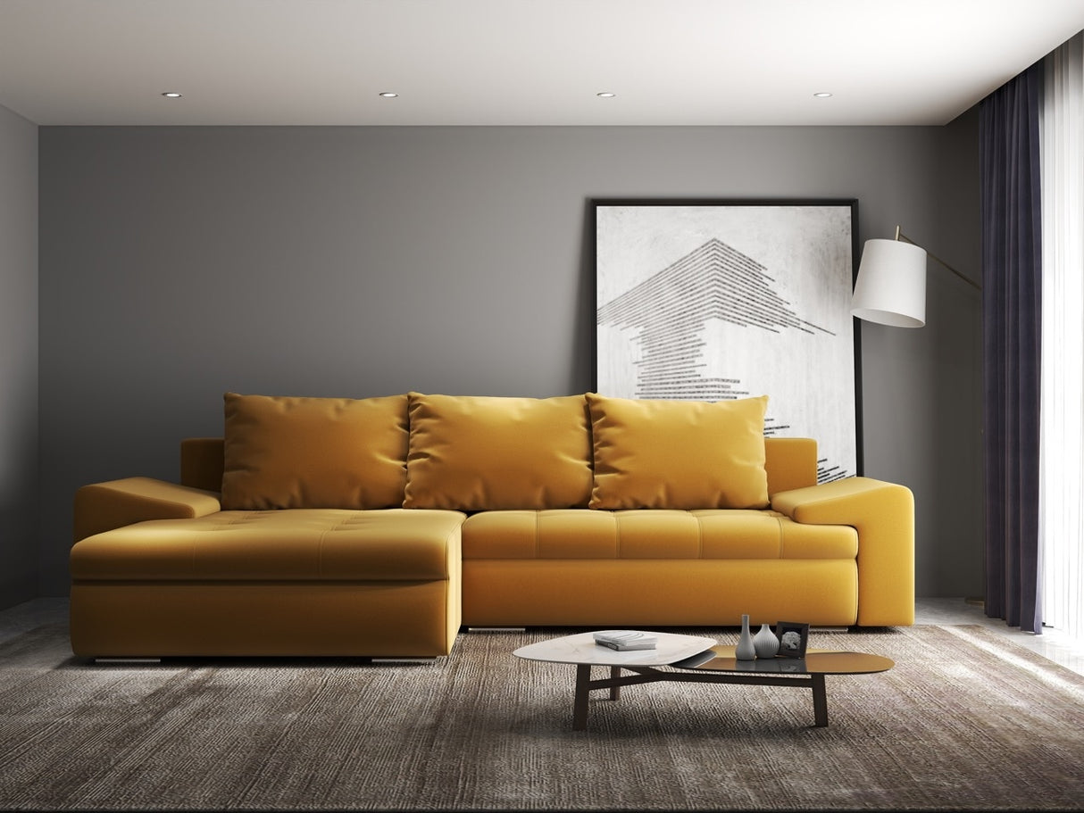 Colțar extensibil dumonde cu ladă de depozitare si sezut confortabil din spuma HR, Leonardo Royal Mustar 255x193 cm