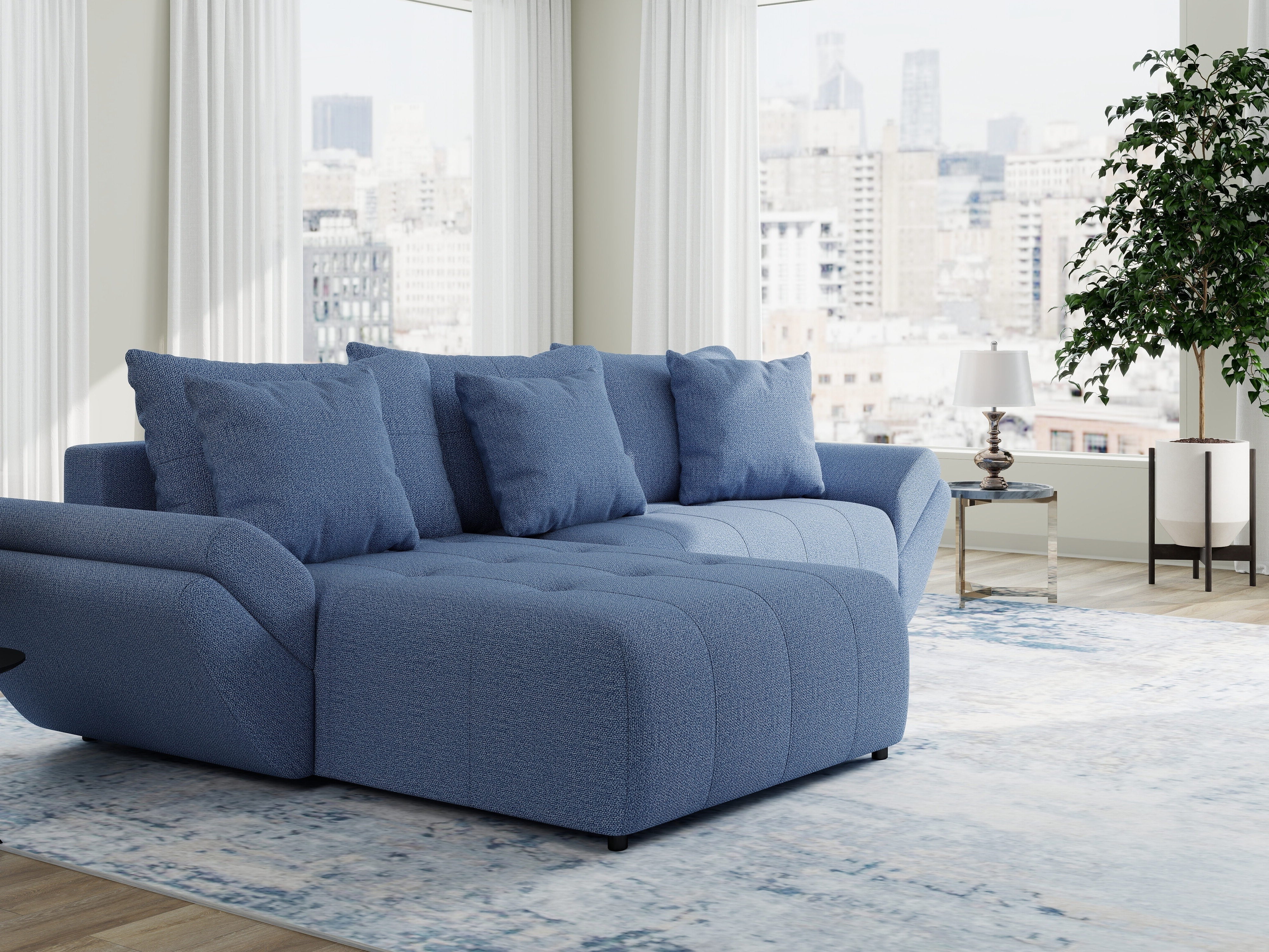 Colțar extensibil dumonde cu ladă de depozitare si sezut confortabil din spuma HR, Berlin Enjoy Albastru 280x185 cm