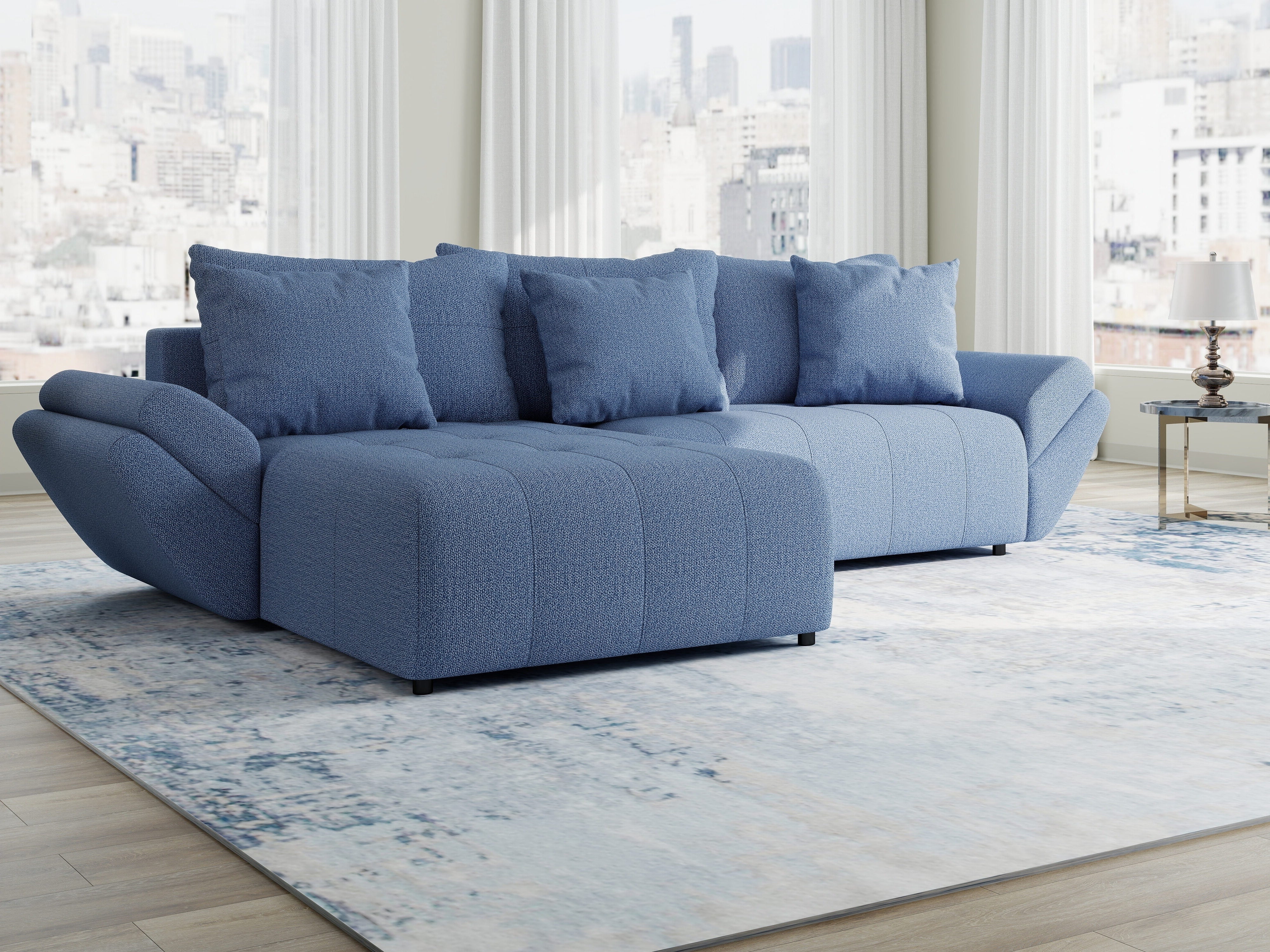 Colțar extensibil dumonde cu ladă de depozitare si sezut confortabil din spuma HR, Berlin Enjoy Albastru 280x185 cm