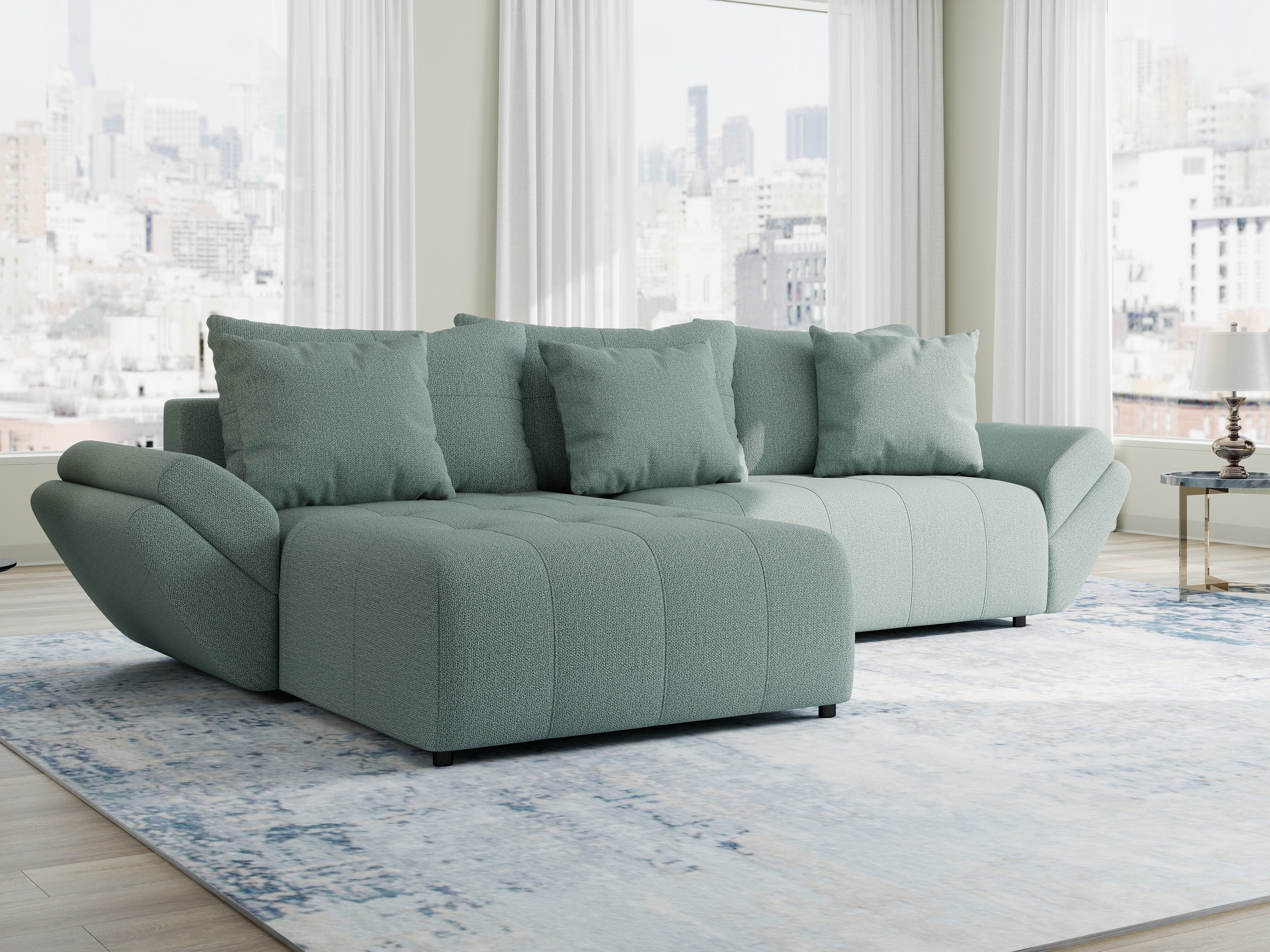 Colțar extensibil dumonde cu ladă de depozitare si sezut confortabil din spuma HR, Berlin Enjoy Verde Mint 280x185 cm