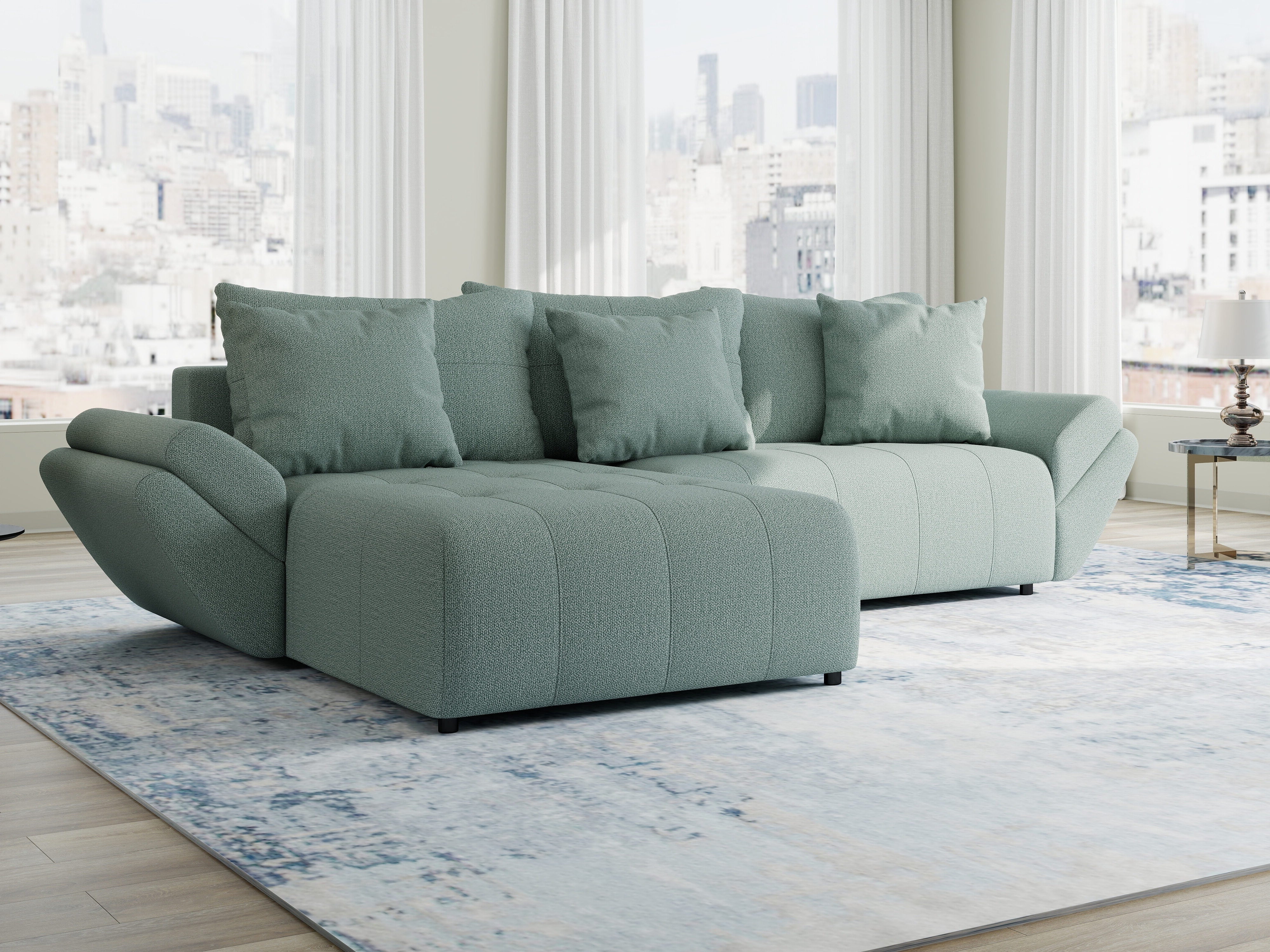 Colțar extensibil dumonde cu ladă de depozitare si sezut confortabil din spuma HR, Berlin Enjoy Verde Mint 280x185 cm