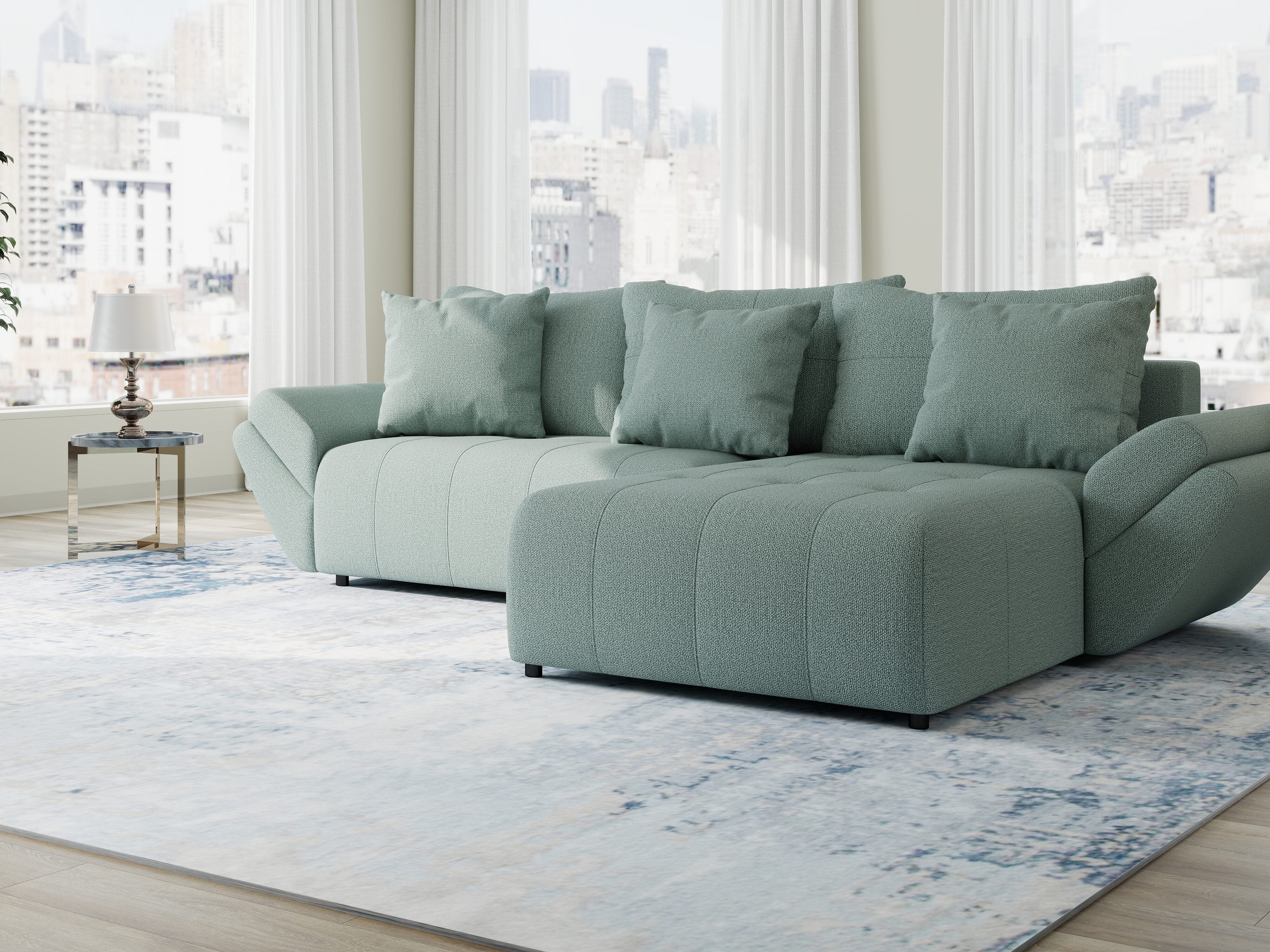 Colțar extensibil dumonde cu ladă de depozitare si sezut confortabil din spuma HR, Berlin Enjoy Verde Mint 280x185 cm II