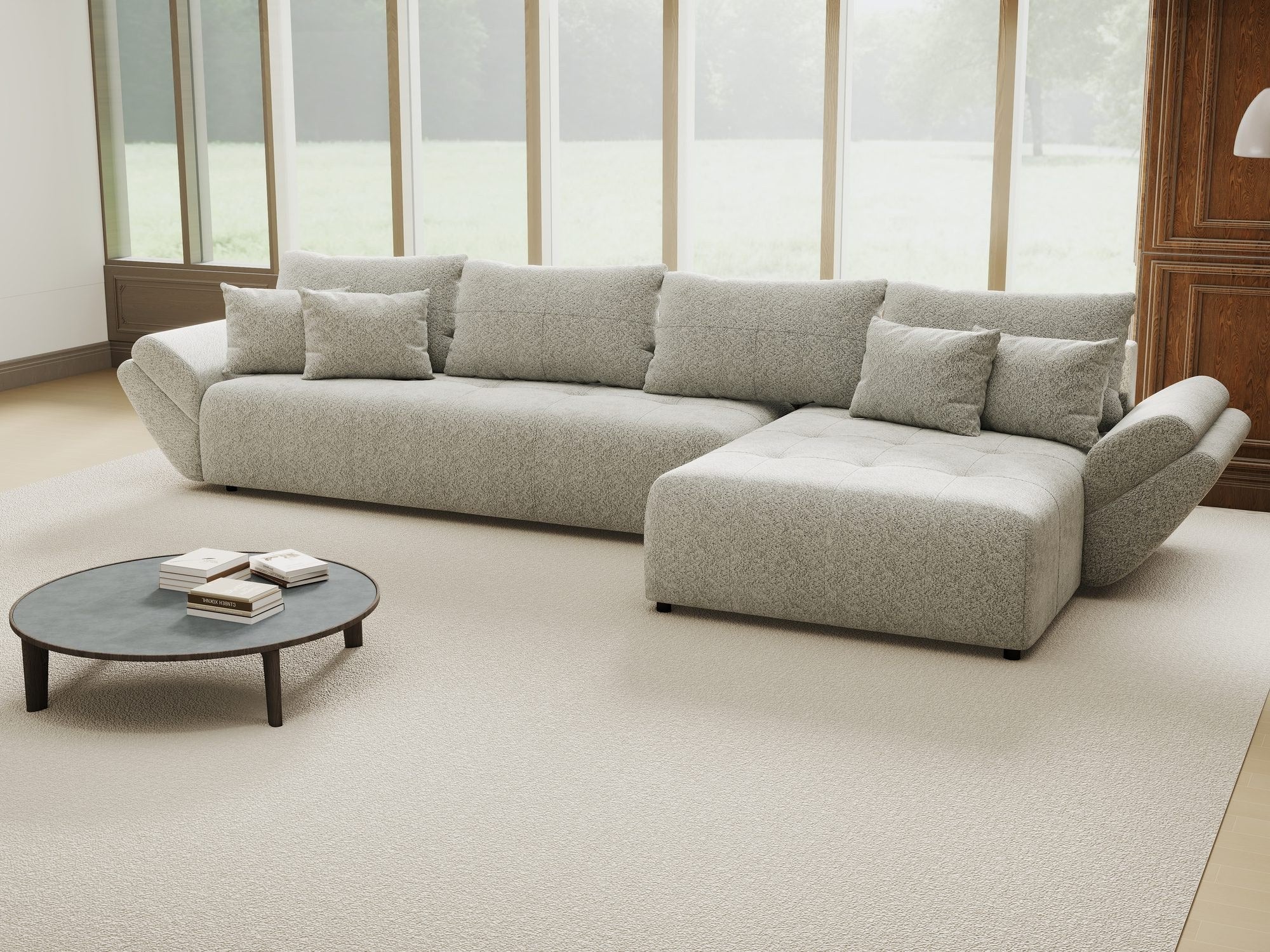 Colțar extensibil dumonde cu ladă de depozitare si sezut confortabil din spuma high-density, Berlin XL Arena Gri 15 II 350x185 cm