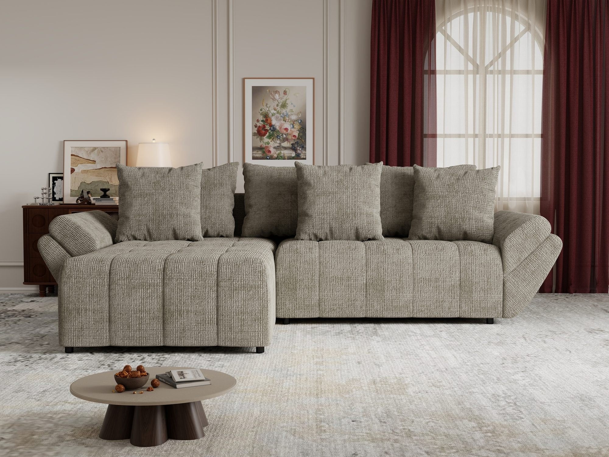 Colțar extensibil dumonde cu ladă de depozitare si sezut confortabil din spuma high-density, Berlin Cremona Bej 14 280x185 cm