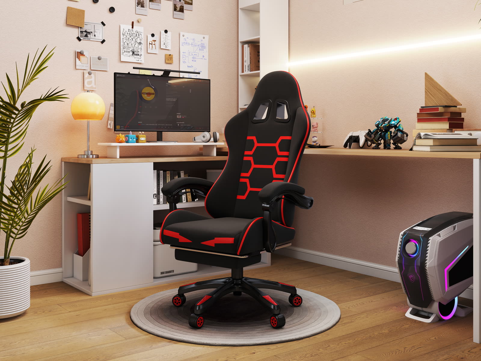 Scaun gaming Dumonde NEXUS, mecanism multifuncțional, ecopiele, suport picioare, negru