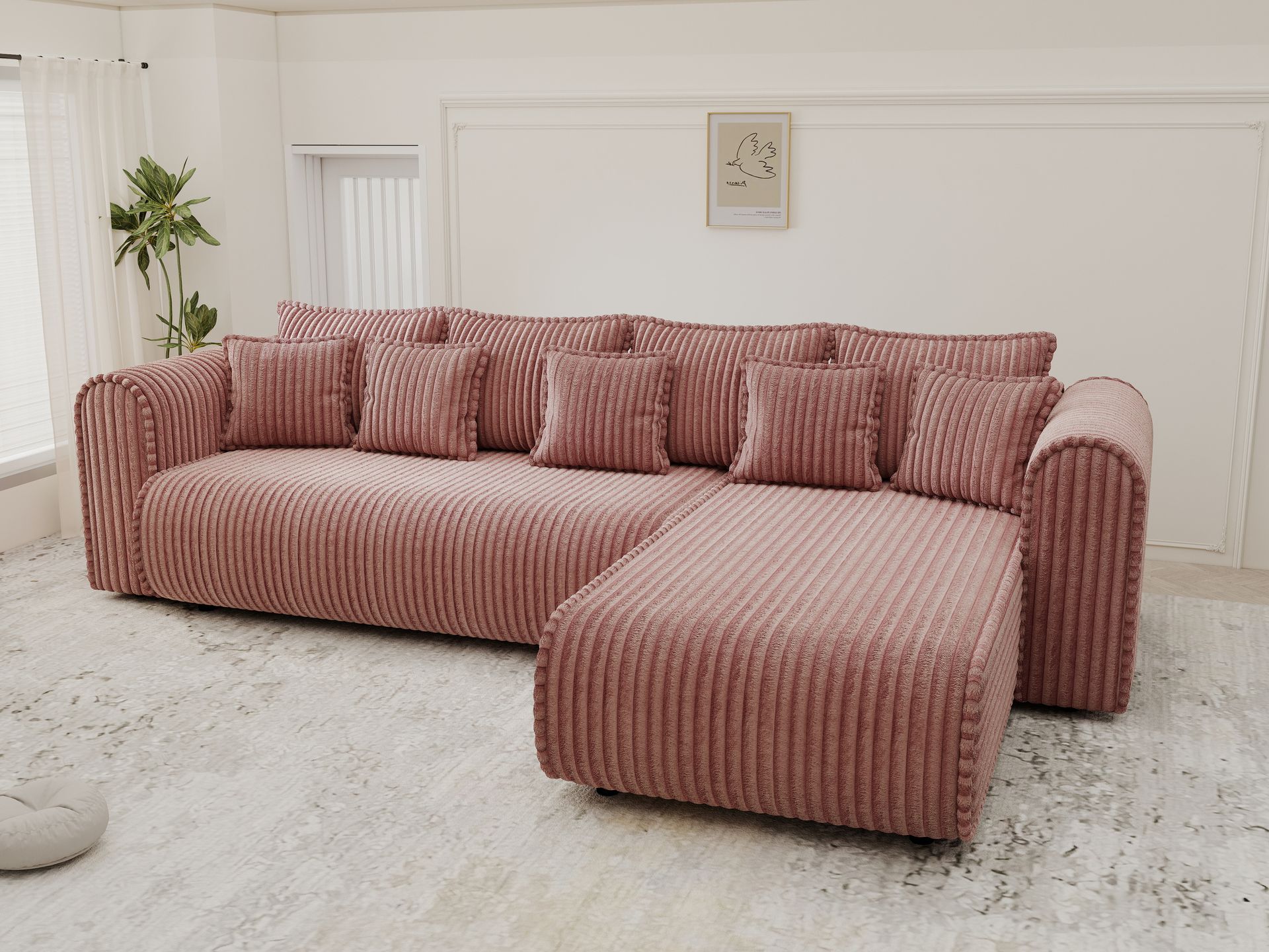 Colțar extensibil dumonde cu ladă de depozitare si sezut confortabil din spuma high-density, Monaco XL Tilia Roz II 340x185 cm