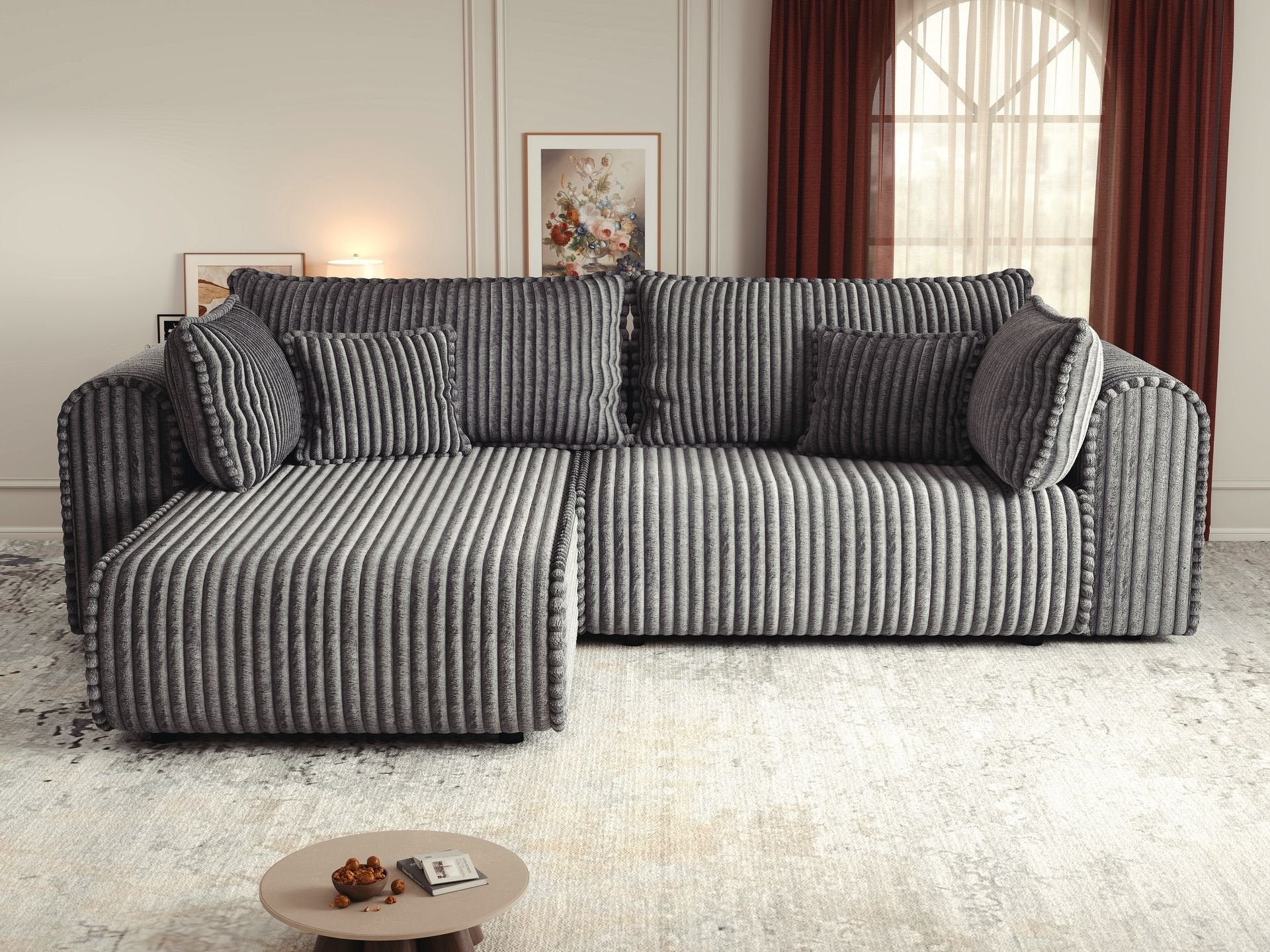 Colțar extensibil dumonde cu ladă de depozitare si sezut confortabil din spuma high-density, Monaco L Tilia Grafit 270x100 cm