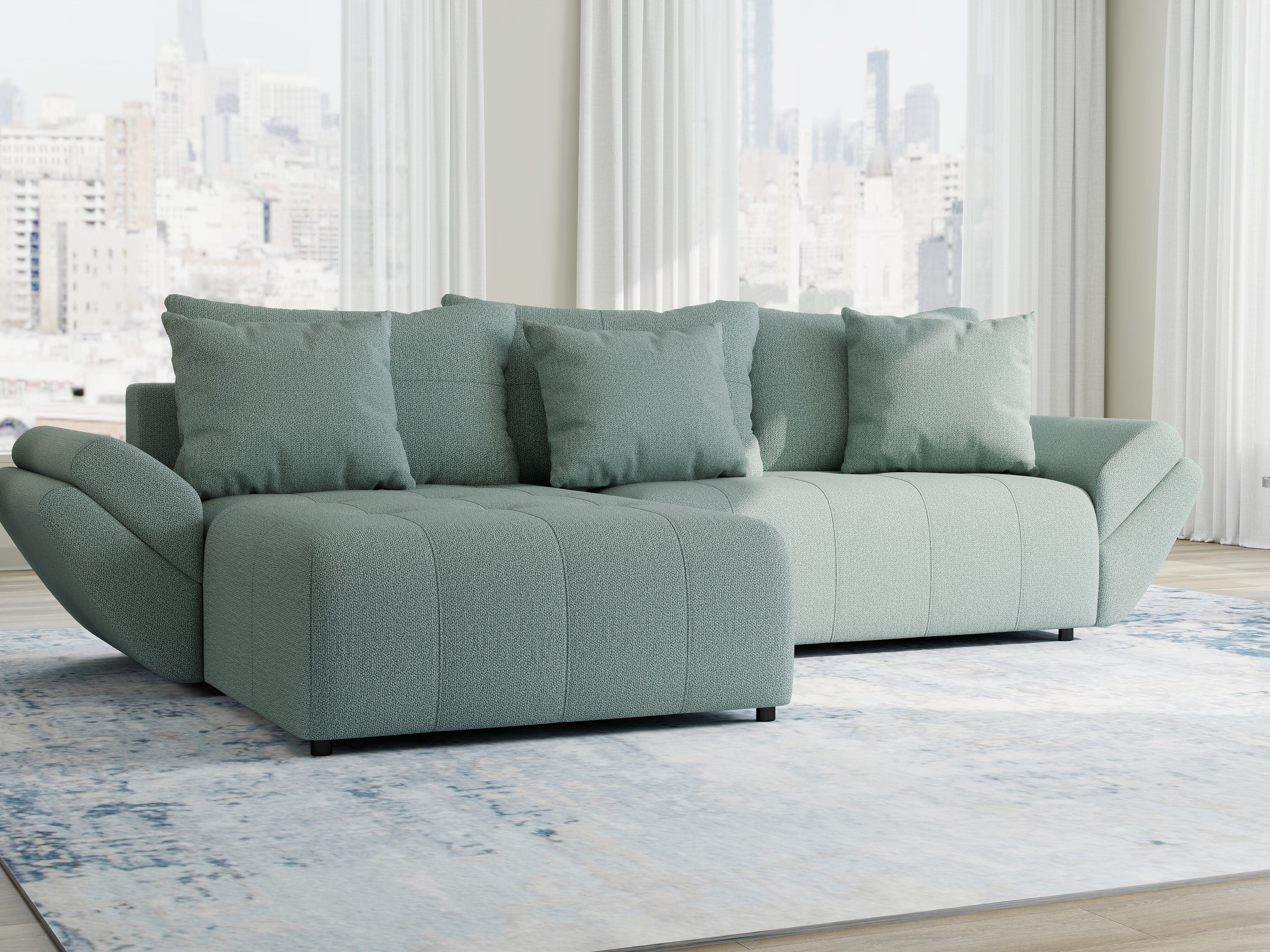 Colțar extensibil dumonde cu ladă de depozitare si sezut confortabil din spuma HR, Berlin Enjoy Verde Mint 280x185 cm