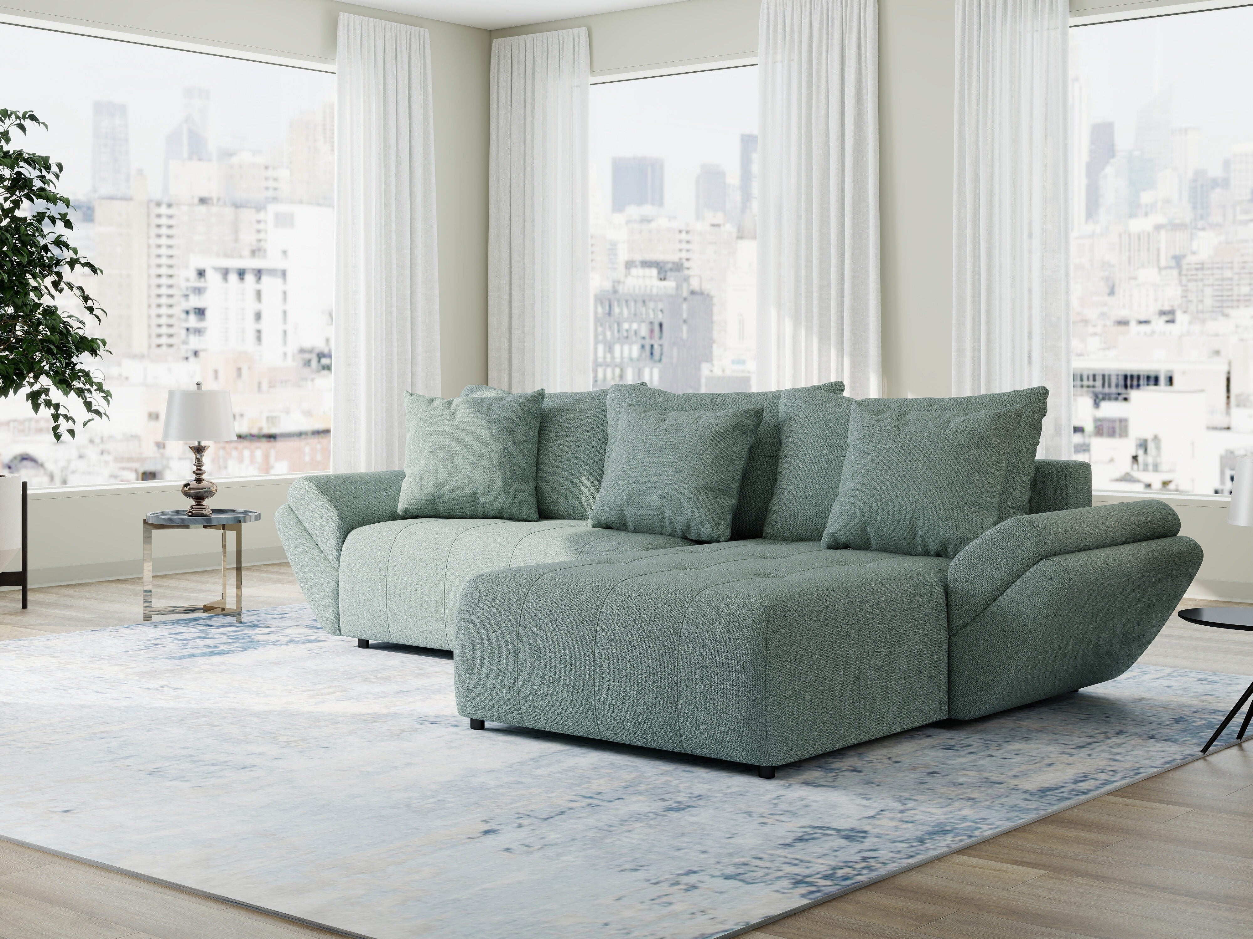 Colțar extensibil dumonde cu ladă de depozitare si sezut confortabil din spuma HR, Berlin Enjoy Verde Mint 280x185 cm II