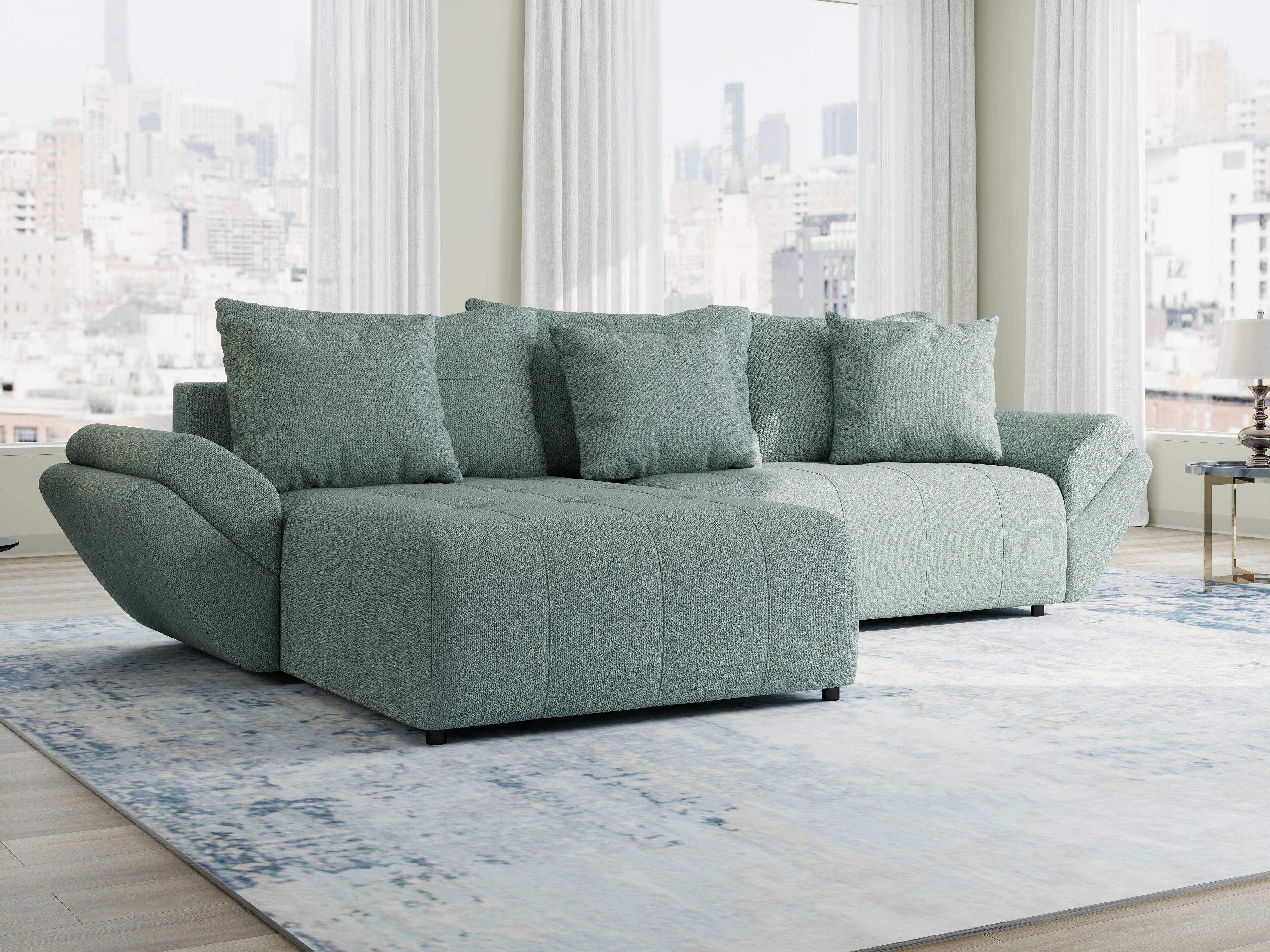 Colțar extensibil dumonde cu ladă de depozitare si sezut confortabil din spuma HR, Berlin Enjoy Verde Mint 280x185 cm