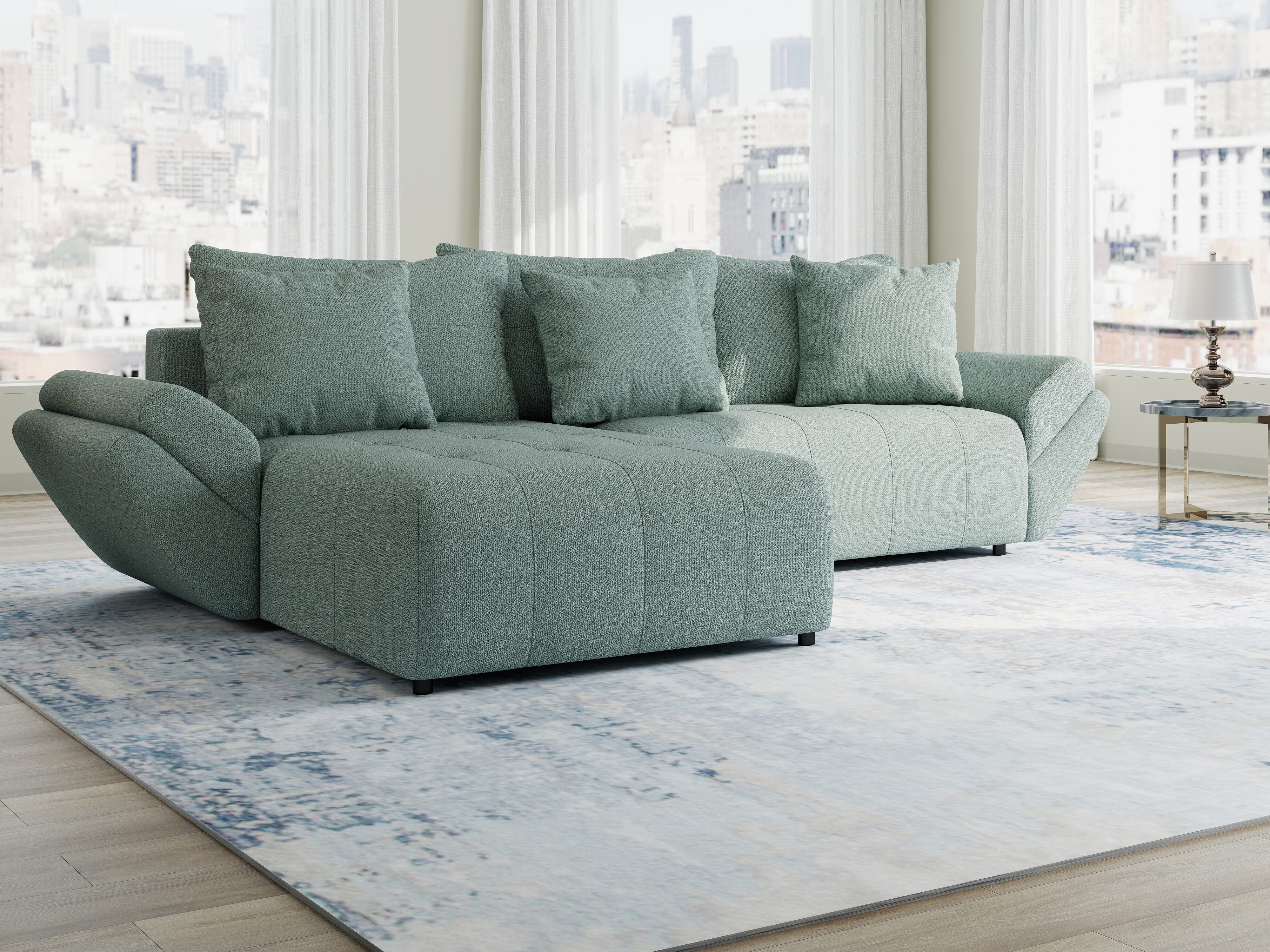 Colțar extensibil dumonde cu ladă de depozitare si sezut confortabil din spuma HR, Berlin Enjoy Verde Mint 280x185 cm