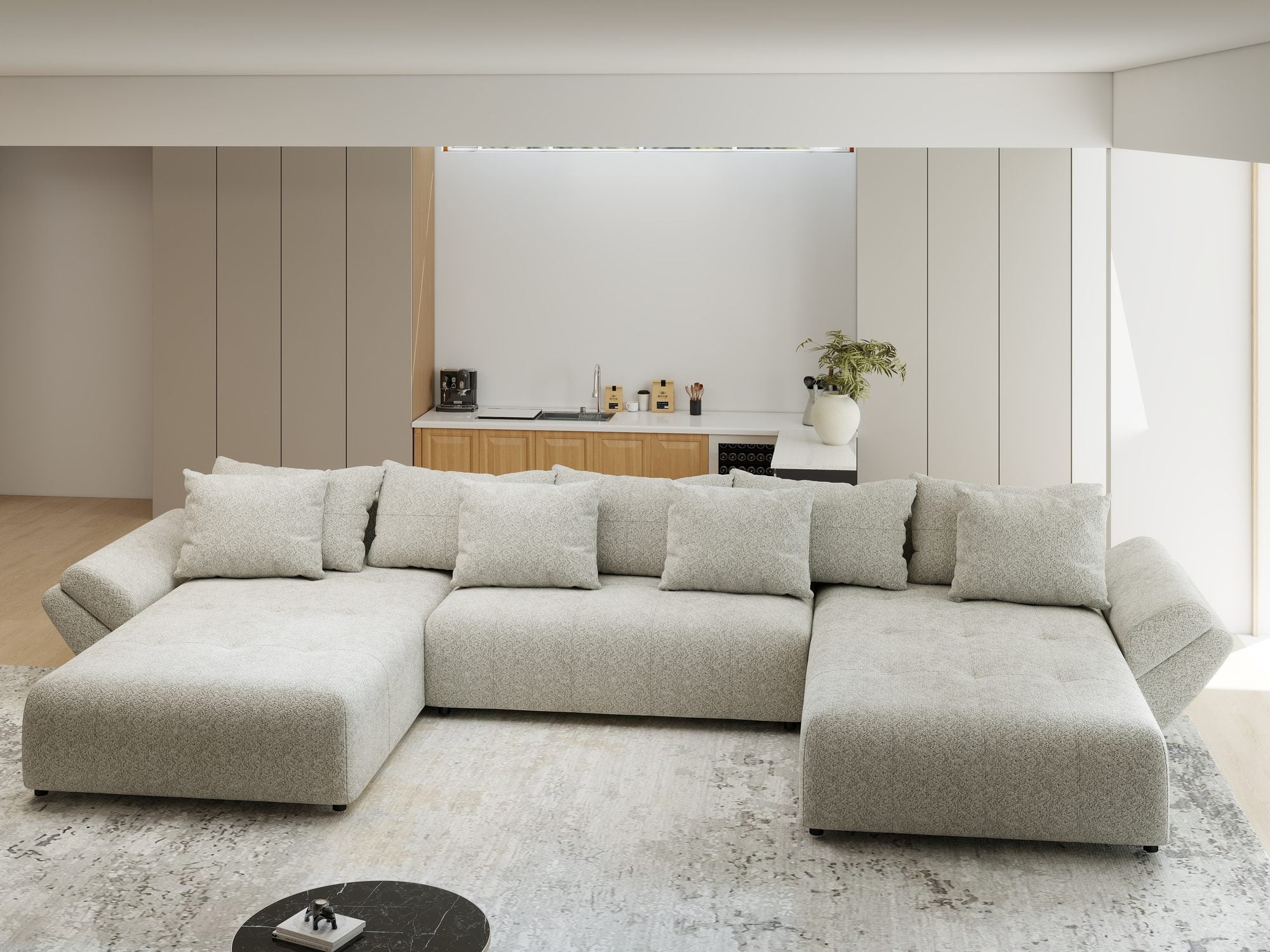 Colțar extensibil dumonde cu ladă de depozitare si sezut confortabil din spuma high-density, Berlin U Arena Bej 2 380x180 cm