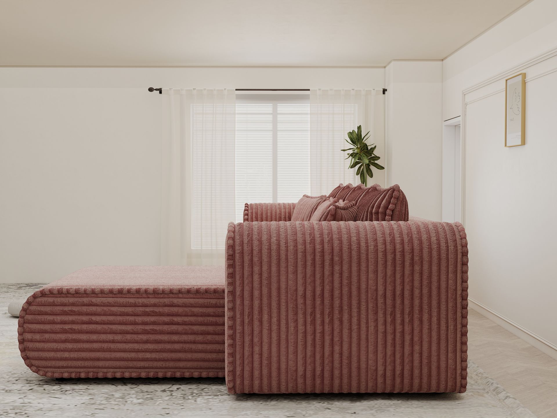 Colțar extensibil dumonde cu ladă de depozitare si sezut confortabil din spuma high-density, Monaco XL Tilia Roz II 340x185 cm