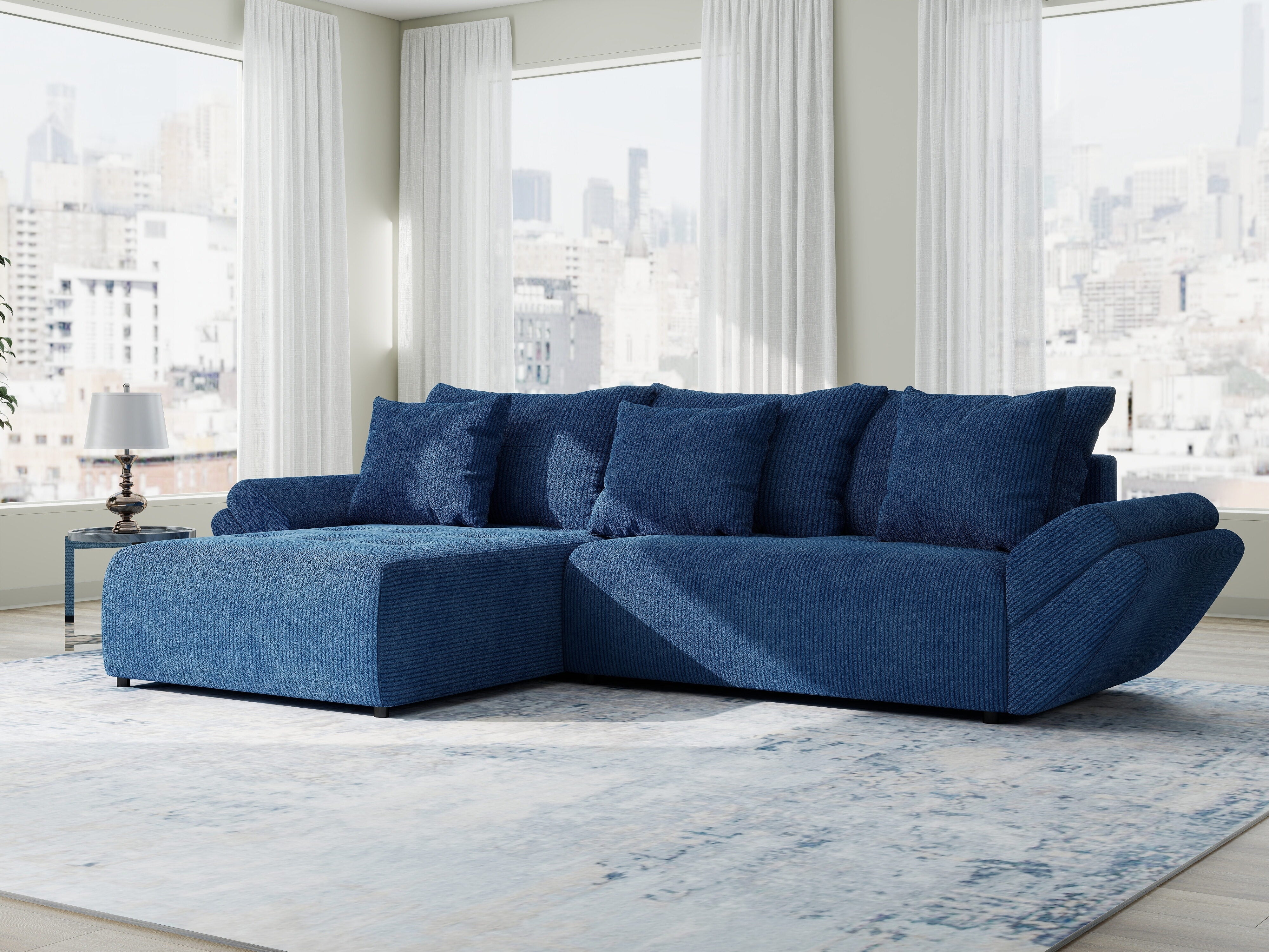 Colțar extensibil dumonde cu ladă de depozitare si sezut confortabil din spuma HR, Berlin Zoom Albastru 280x185 cm