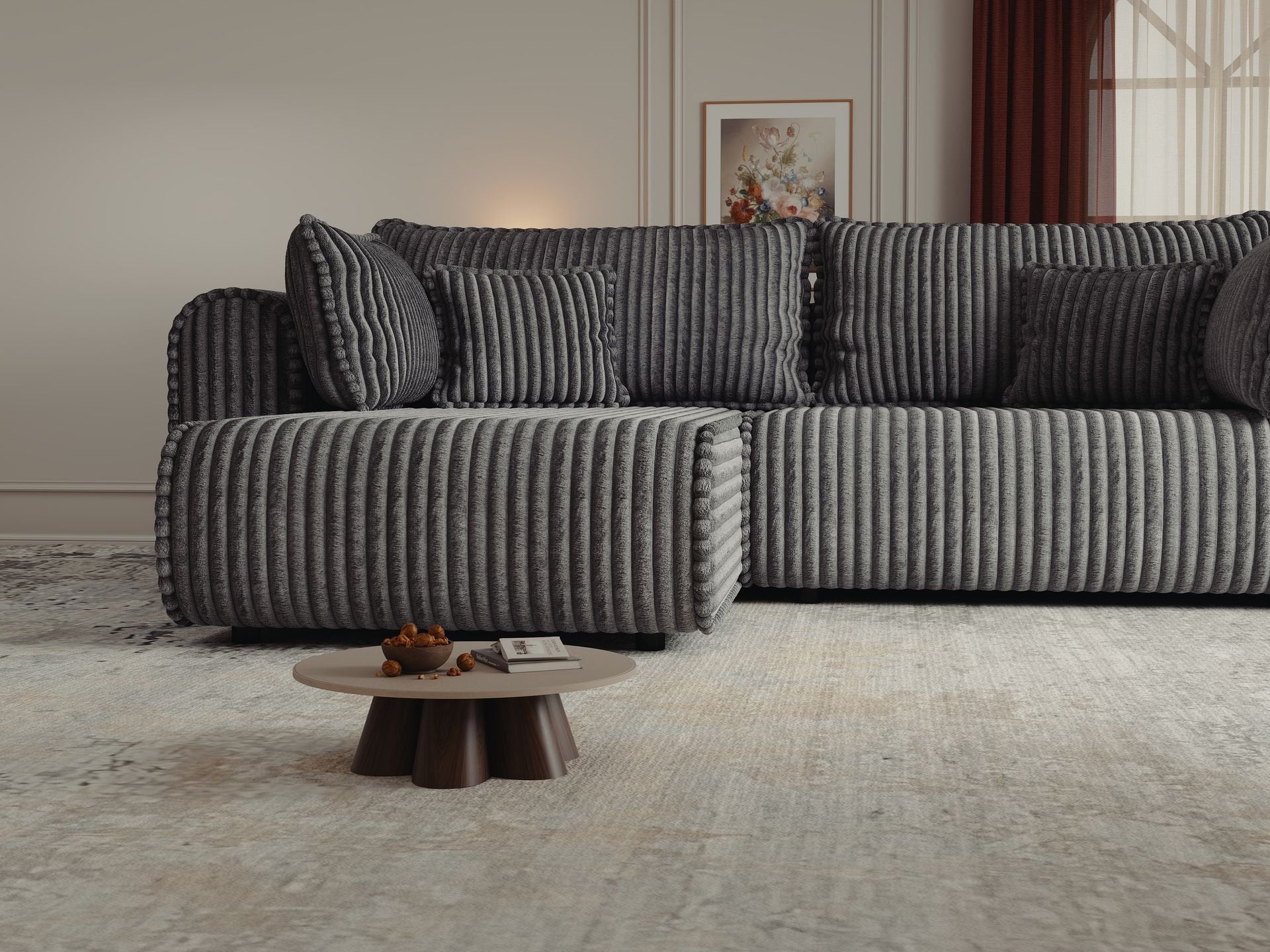 Colțar extensibil dumonde cu ladă de depozitare si sezut confortabil din spuma high-density, Monaco L Tilia Grafit 270x100 cm