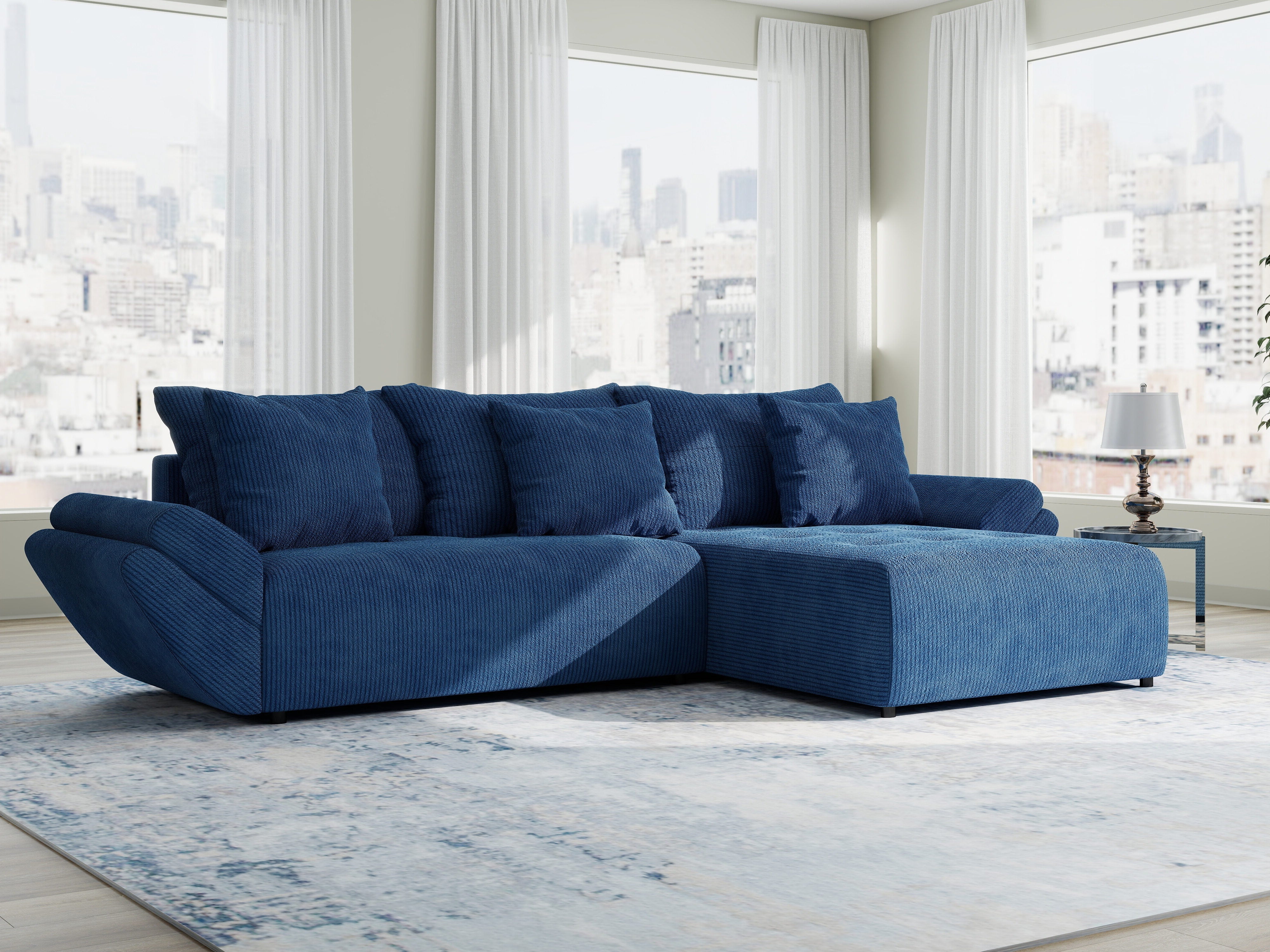 Colțar extensibil dumonde cu ladă de depozitare si sezut confortabil din spuma HR, Berlin Zoom Albastru 280x185 cm II