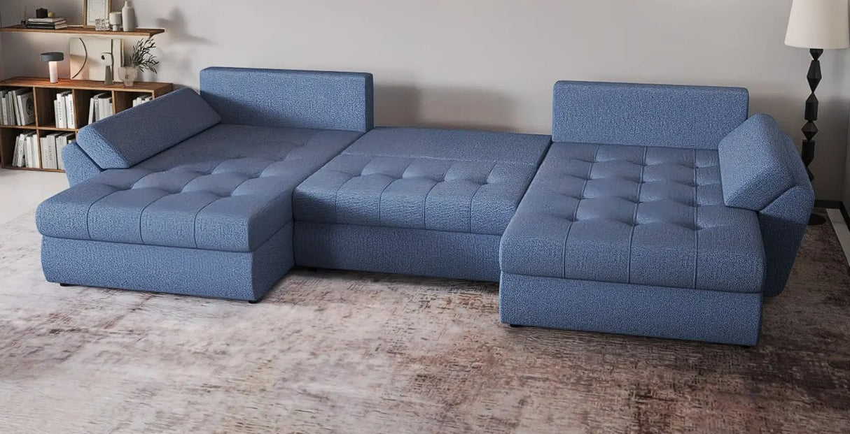 Colțar extensibil  dumonde cu ladă de depozitare si sezut confortabil din spuma HR, Loana Blue U 355x185 cm Fabrica