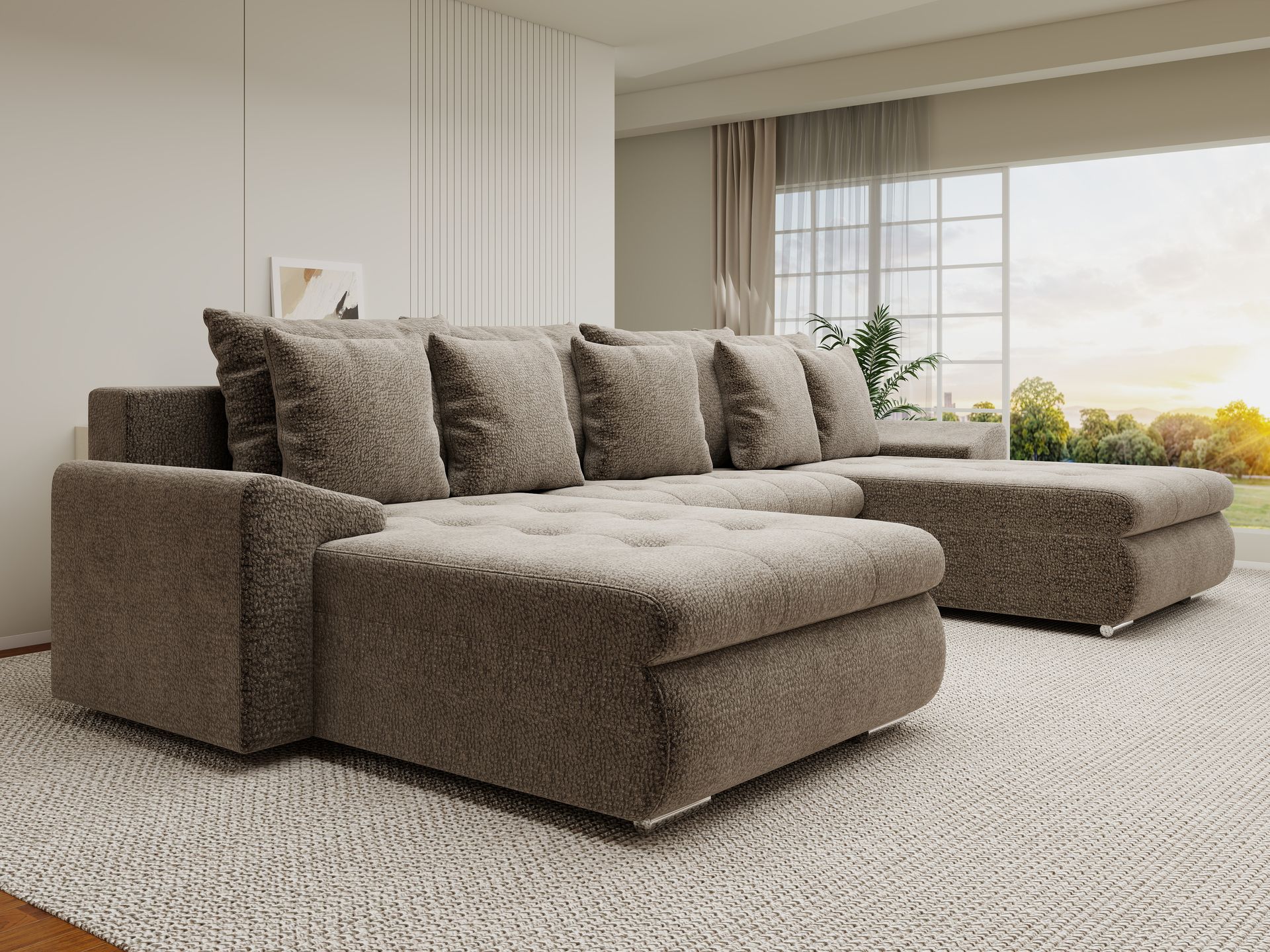Colțar extensibil dumonde cu ladă de depozitare si sezut confortabil din spuma high-density, Leonardo U Jaguar Maro Cappuccino 08 360x185 cm