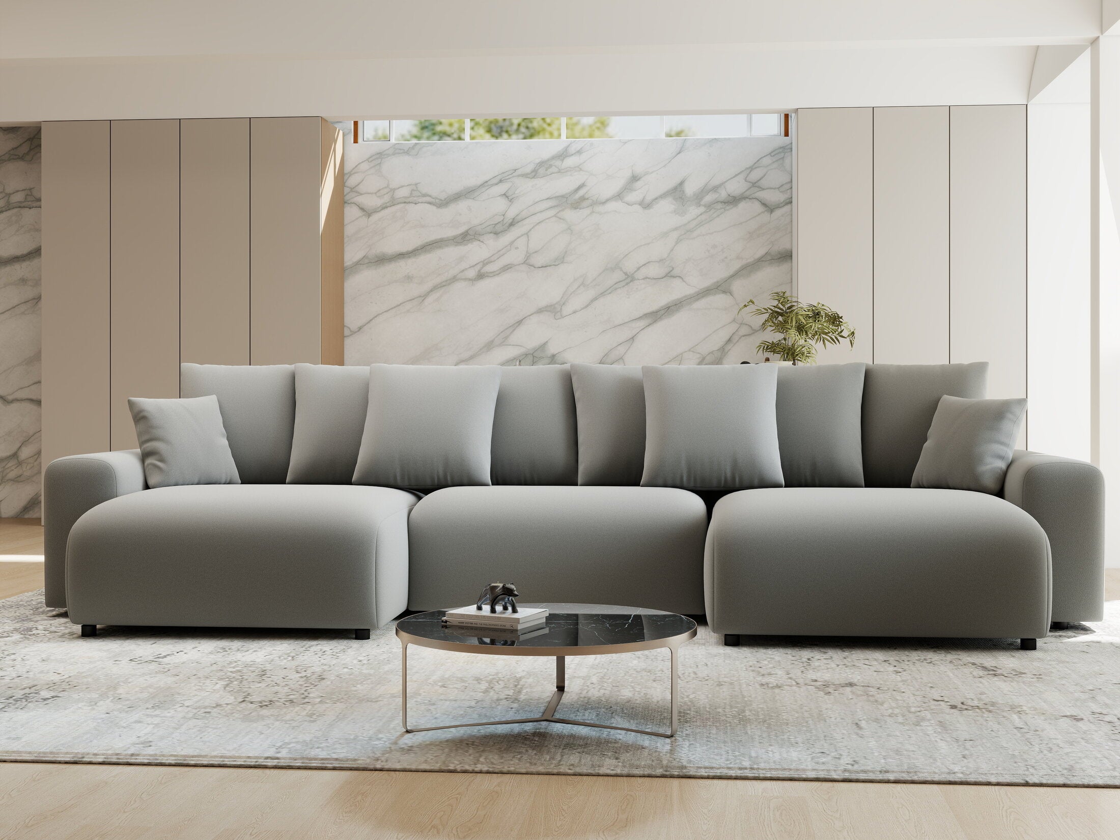 Colțar extensibil dumonde cu ladă de depozitare si sezut confortabil din spuma HR, Luma U Royal Gri 336x140 cm