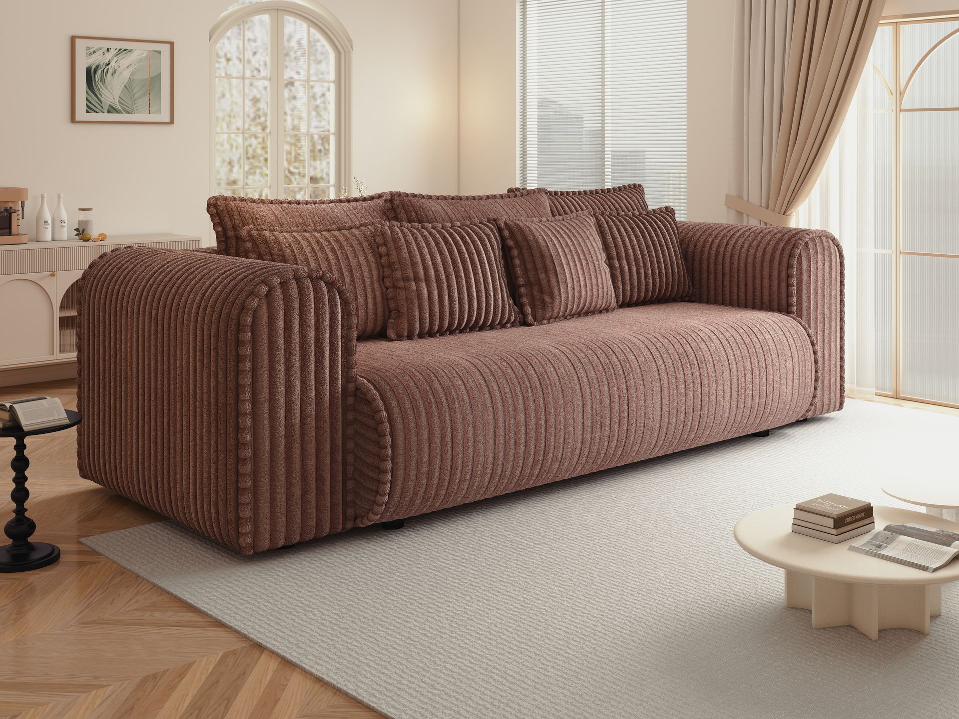 Canapea extensibilă dumonde cu ladă de depozitare si sezut confortabil din spuma high-density, Monaco Mica Tilia Roz 240x100 cm