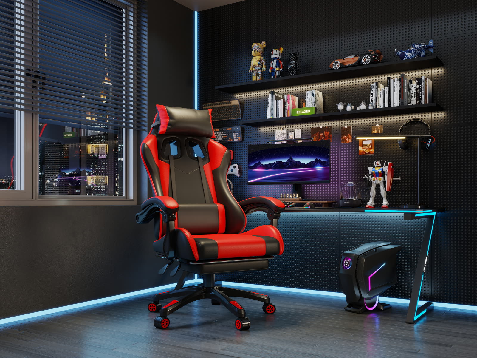 Scaun gaming Dumonde KRAKEN, mecanism multifuncțional, ecopiele, suport picioare, rosu/negru