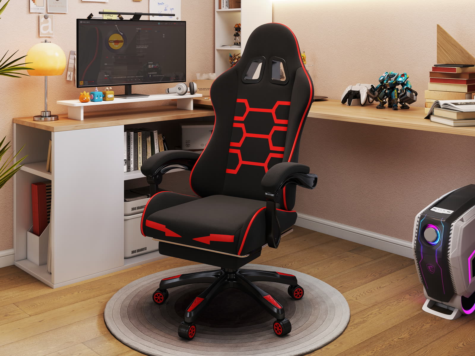 Scaun gaming Dumonde NEXUS, mecanism multifuncțional, ecopiele, suport picioare, negru