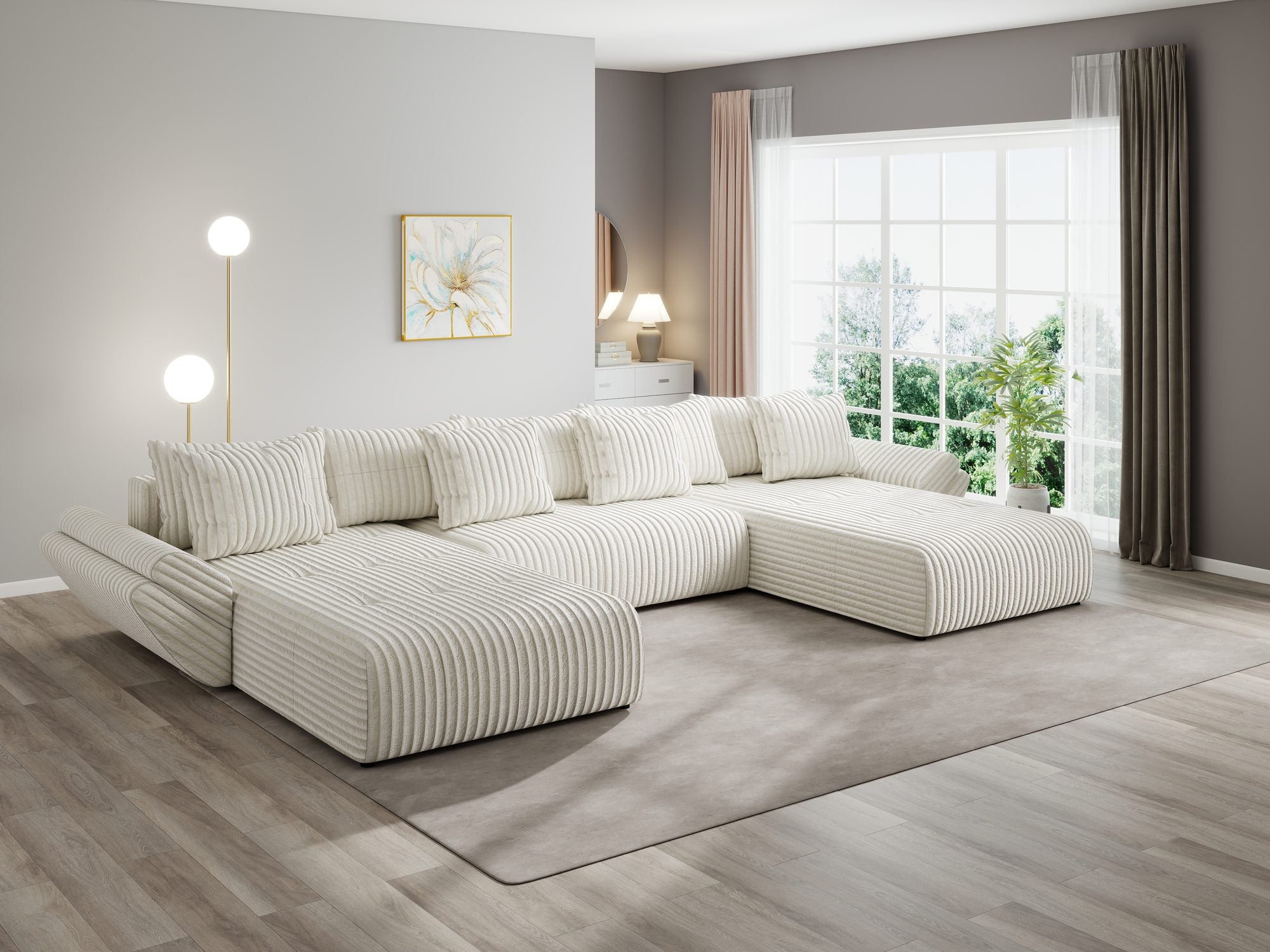 Colțar extensibil dumonde cu ladă de depozitare si sezut confortabil din spuma high-density, Berlin U Tilia Bej 01 380x180 cm