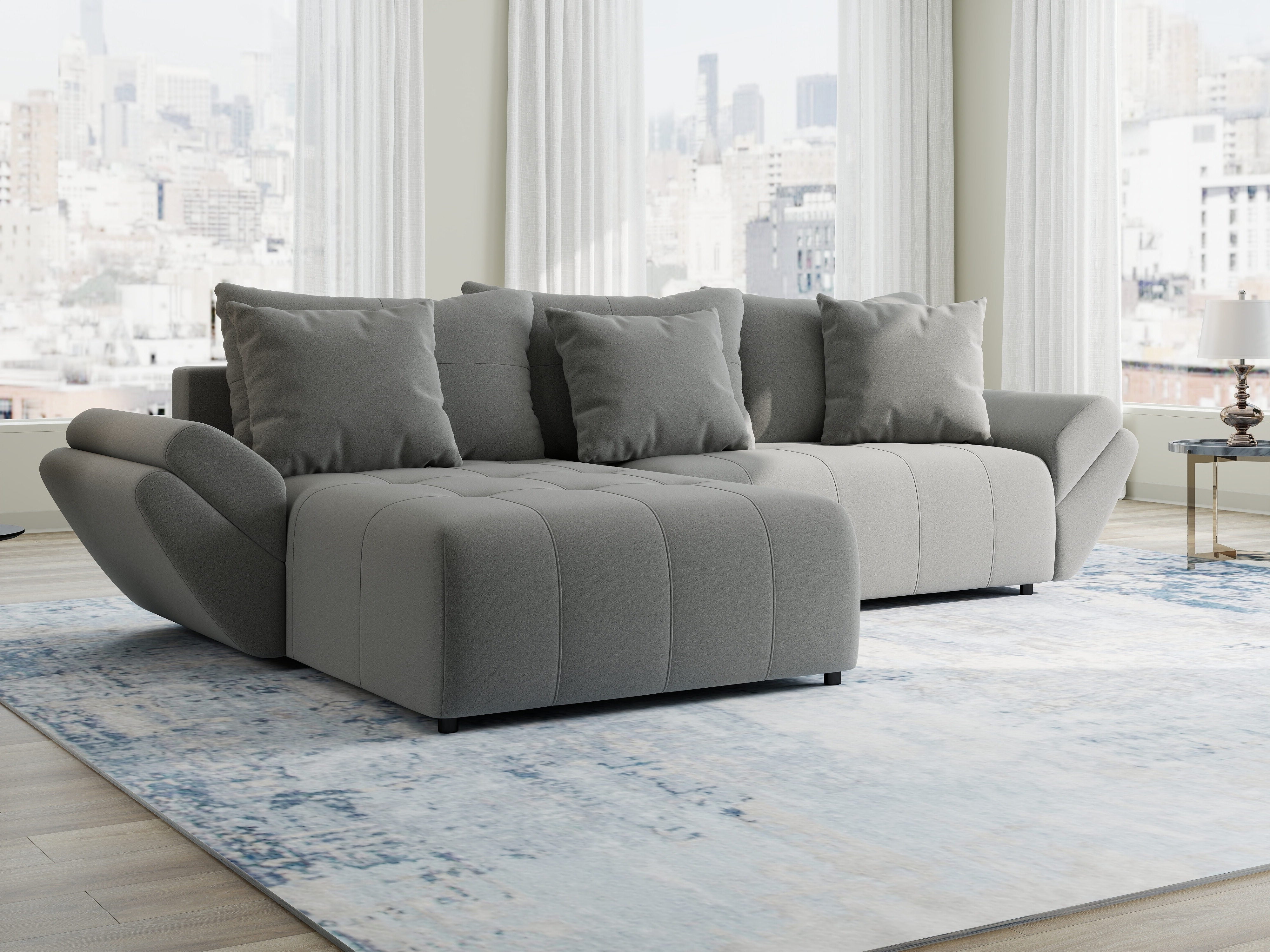 Colțar extensibil dumonde cu ladă de depozitare si sezut confortabil din spuma HR, Berlin Royal Gri 280x185 cm