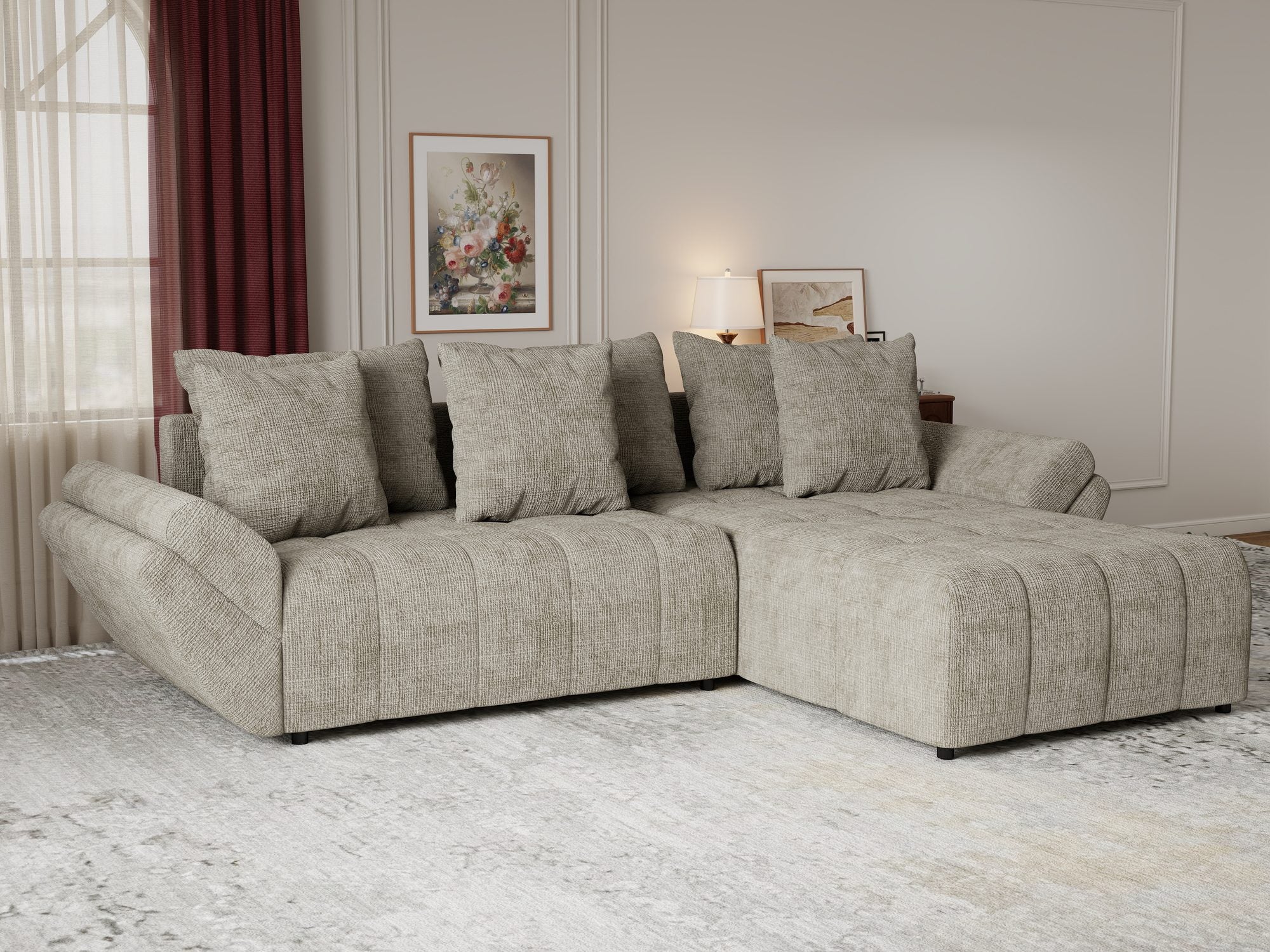 Colțar extensibil dumonde cu ladă de depozitare si sezut confortabil din spuma high-density, Berlin Cremona Bej 14 II 280x185 cm