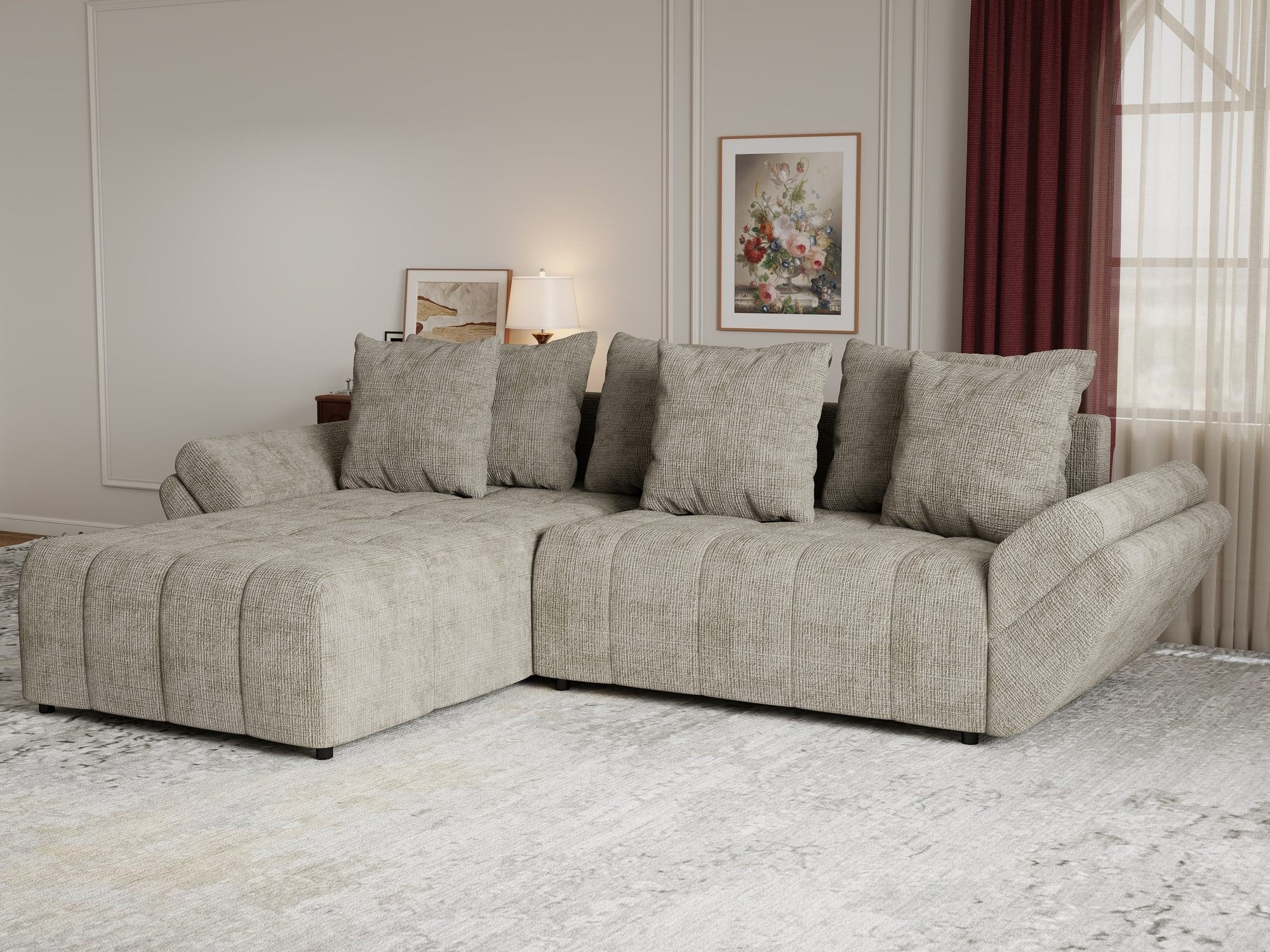Colțar extensibil dumonde cu ladă de depozitare si sezut confortabil din spuma high-density, Berlin Cremona Bej 14 280x185 cm